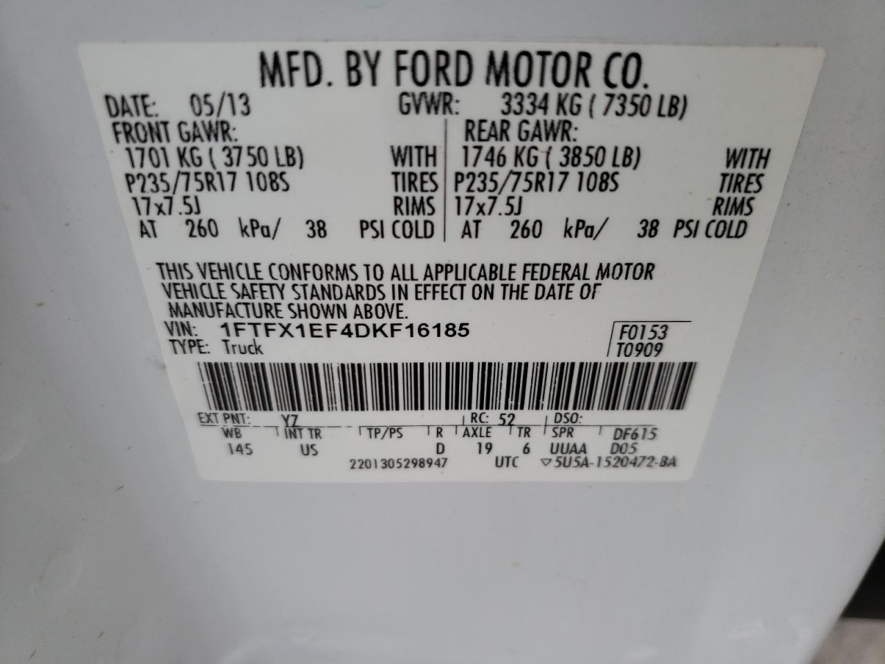 Photo 10 from auction – 2013 FORD F150 SUPER with VIN 1FTFX1EF4DKF16185