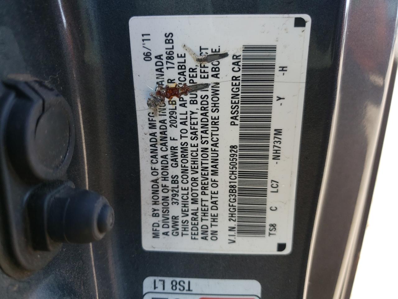 Photo 10 from auction – 2012 HONDA CIVIC EX with VIN 2HGFG3B81CH505928