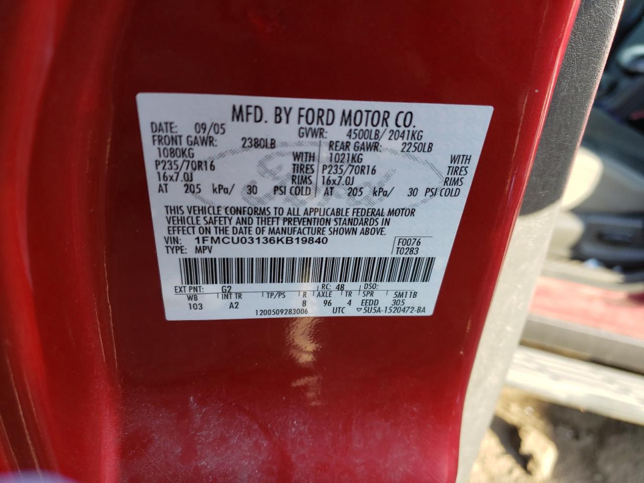 Photo 10 from auction – 2006 FORD ESCAPE XLT with VIN 1FMCU03136KB19840