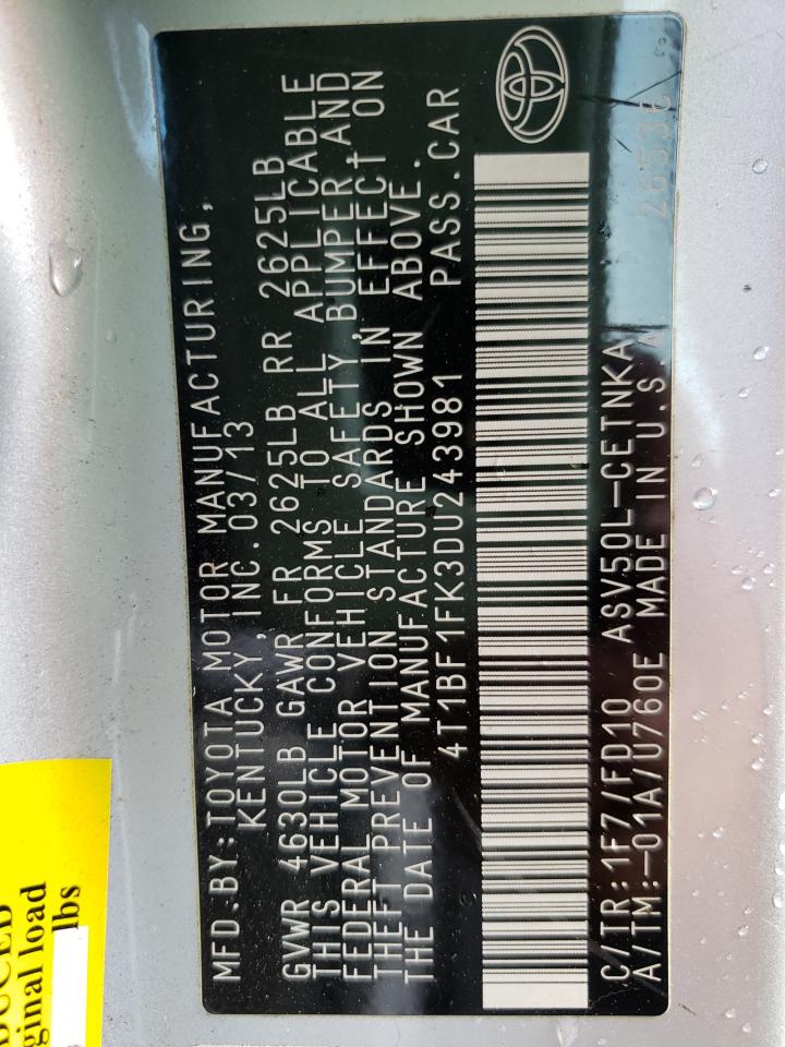 Photo 10 from auction – 2013 TOYOTA CAMRY L with VIN 4T1BF1FK3DU243981