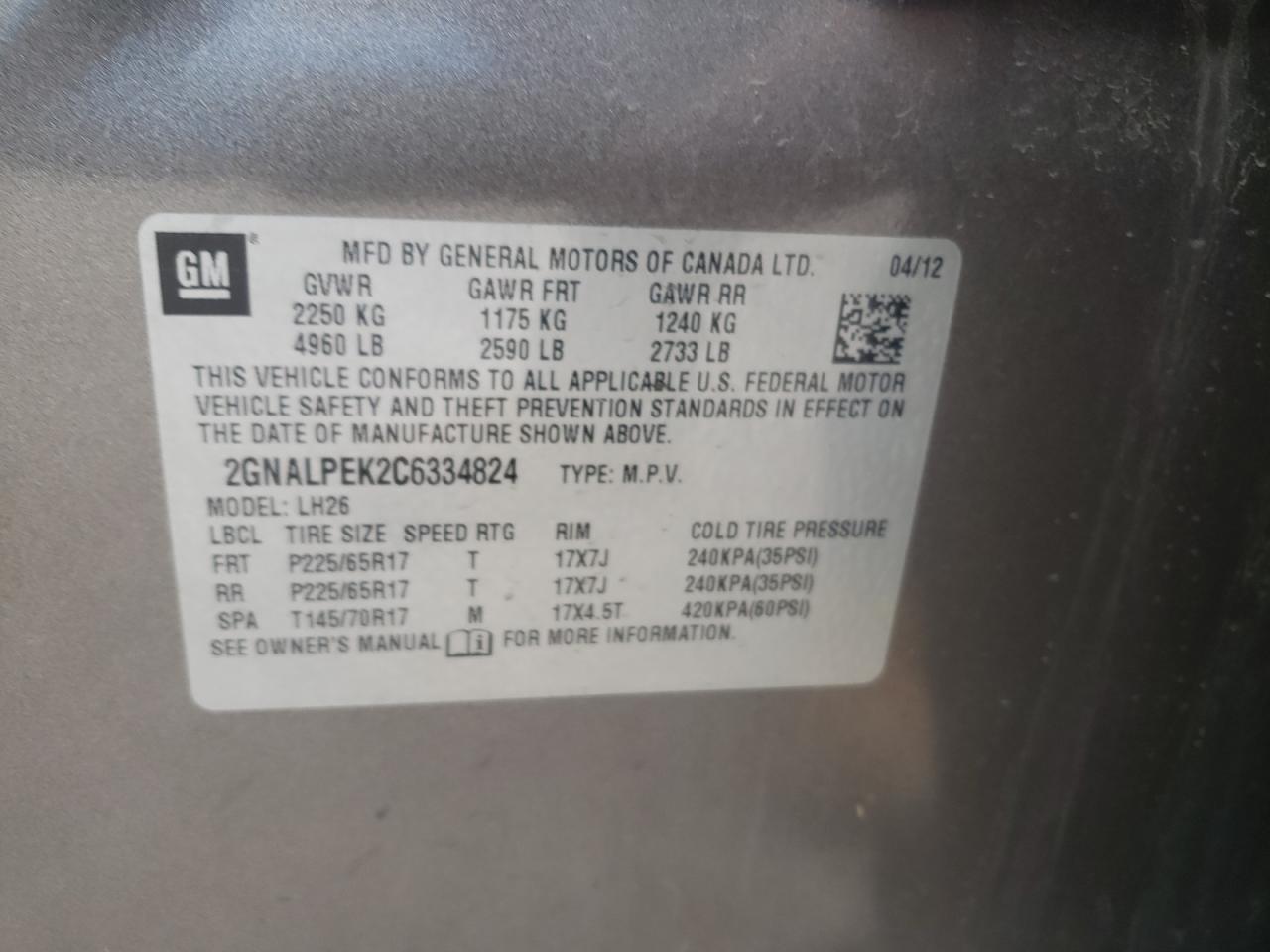 Photo 10 from auction – 2012 CHEVROLET EQUINOX LT with VIN 2GNALPEK2C6334824