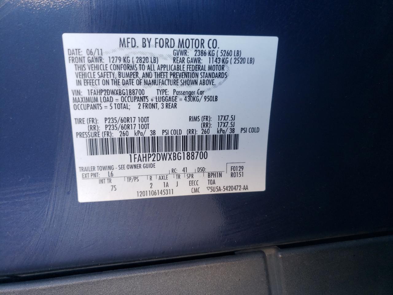 Photo 10 from auction – 2011 FORD TAURUS SE with VIN 1FAHP2DWXBG188700