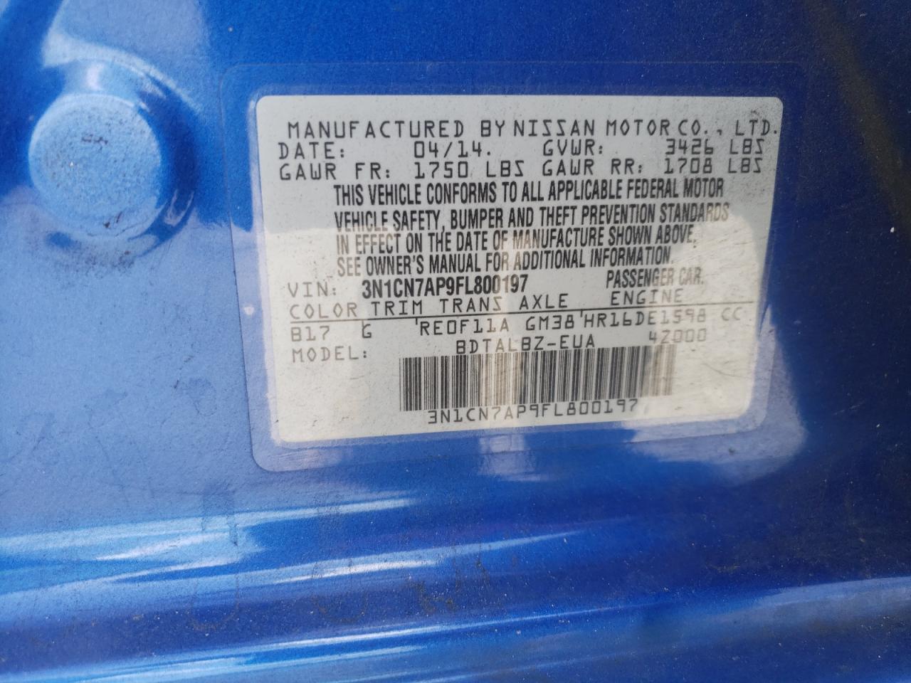 Photo 10 from auction – 2015 NISSAN VERSA S with VIN 3N1CN7AP9FL800197