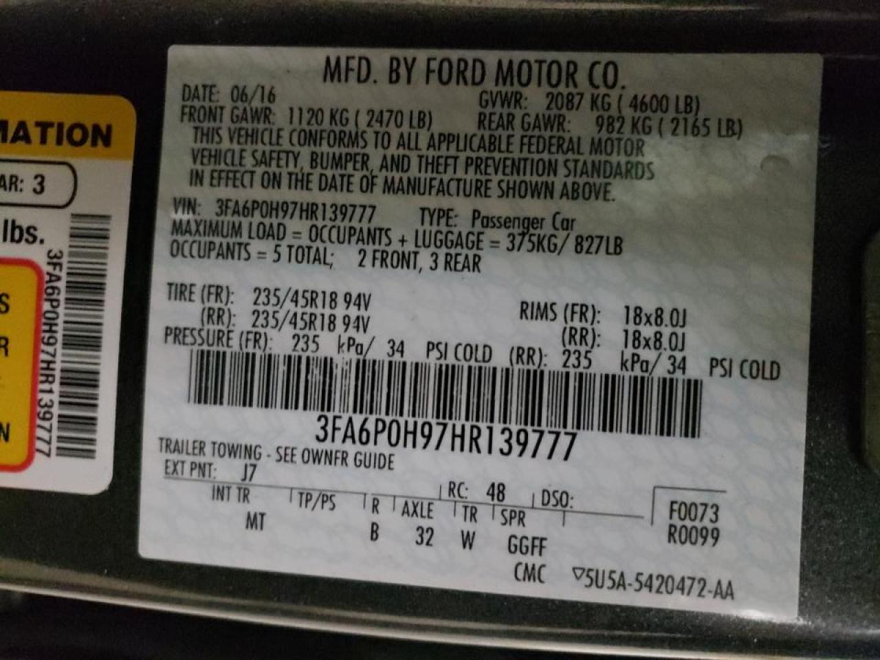 Photo 10 from auction – 2017 FORD FUSION SE with VIN 3FA6P0H97HR139777
