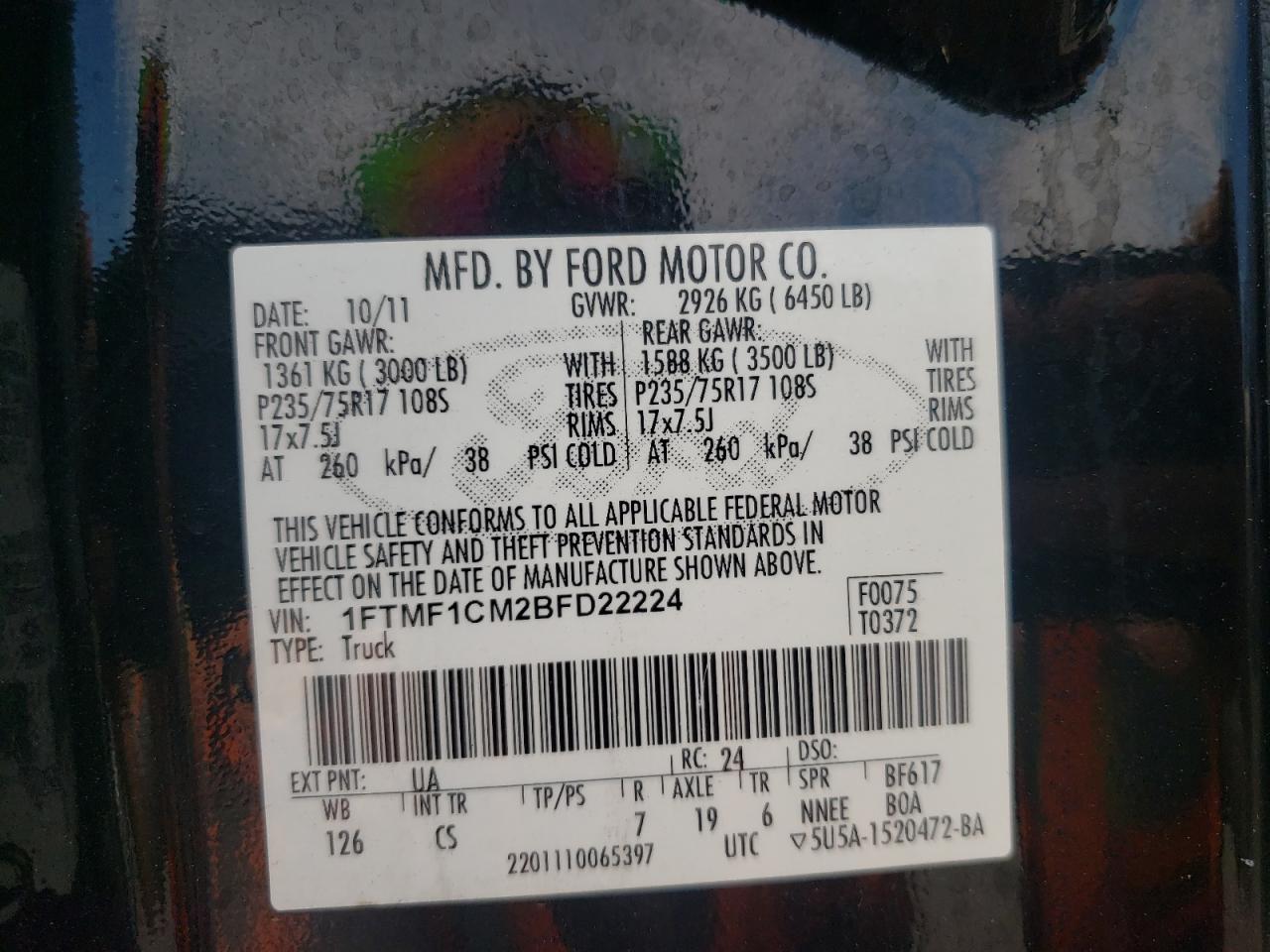 Photo 10 from auction – 2011 FORD F150 with VIN 1FTMF1CM2BFD22224