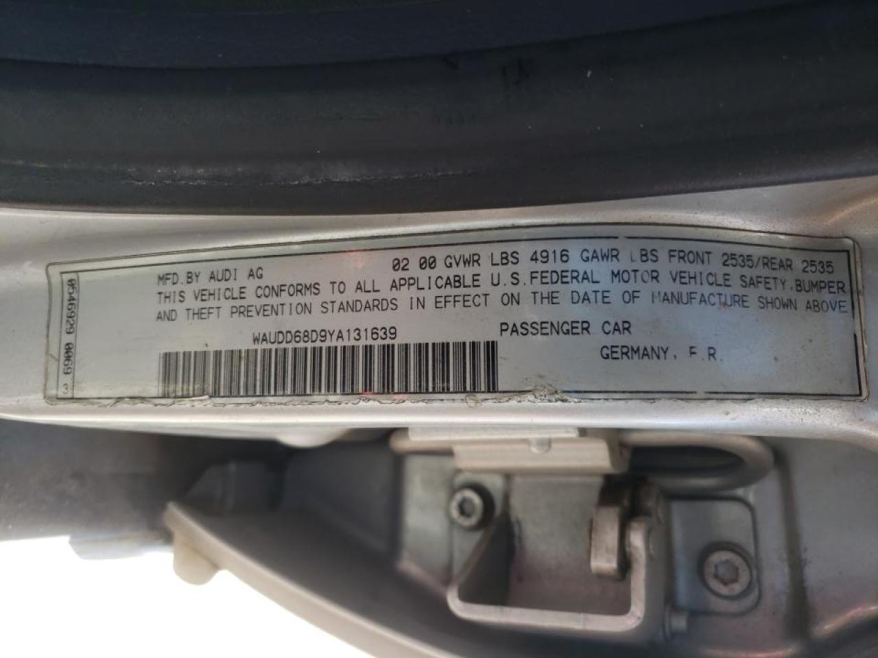 Photo 10 from auction – 2000 AUDI S4 2.7 QUA with VIN WAUDD68D9YA131639