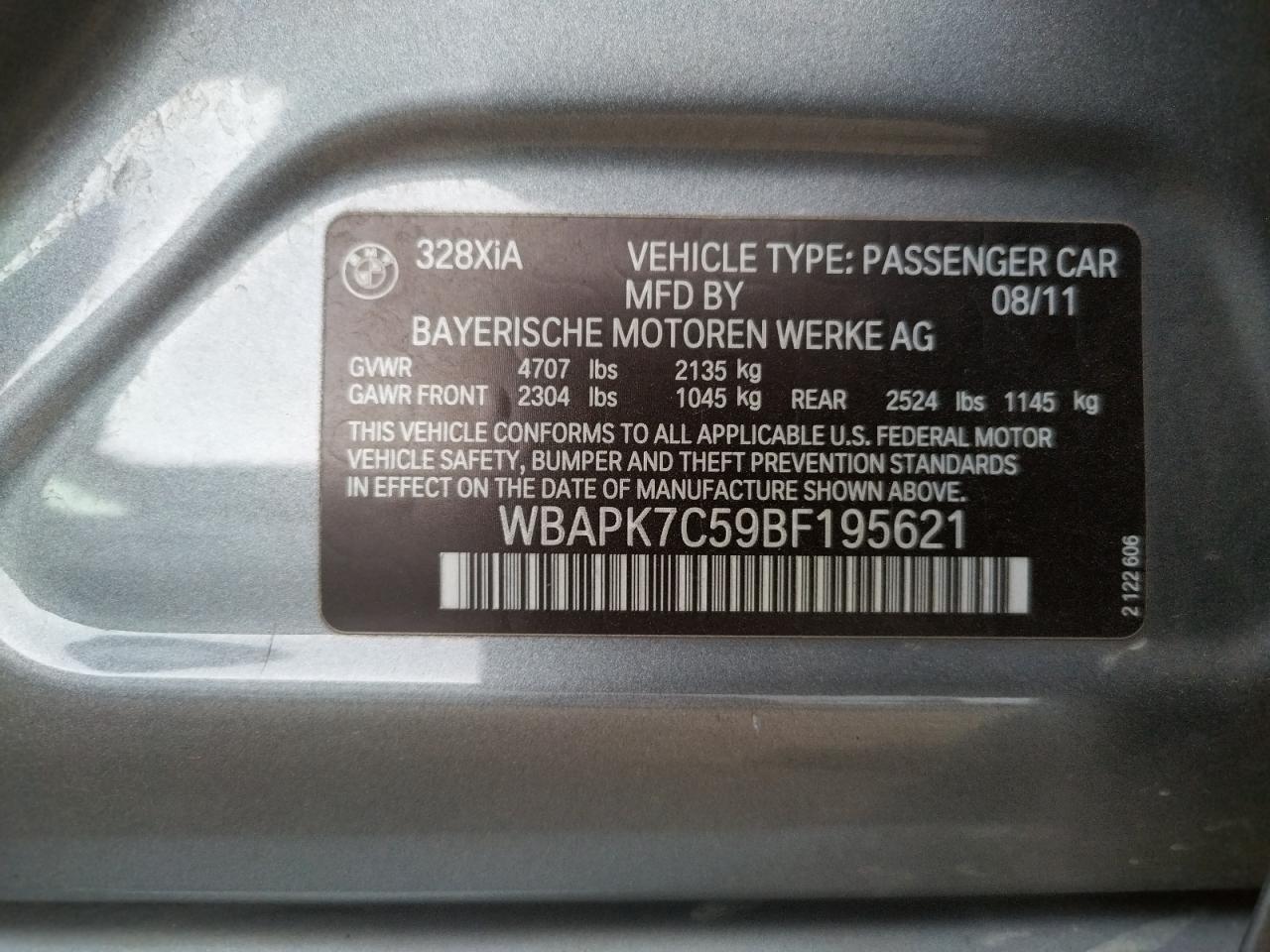 Photo 10 from auction – 2011 BMW 328 XI with VIN WBAPK7C59BF195621