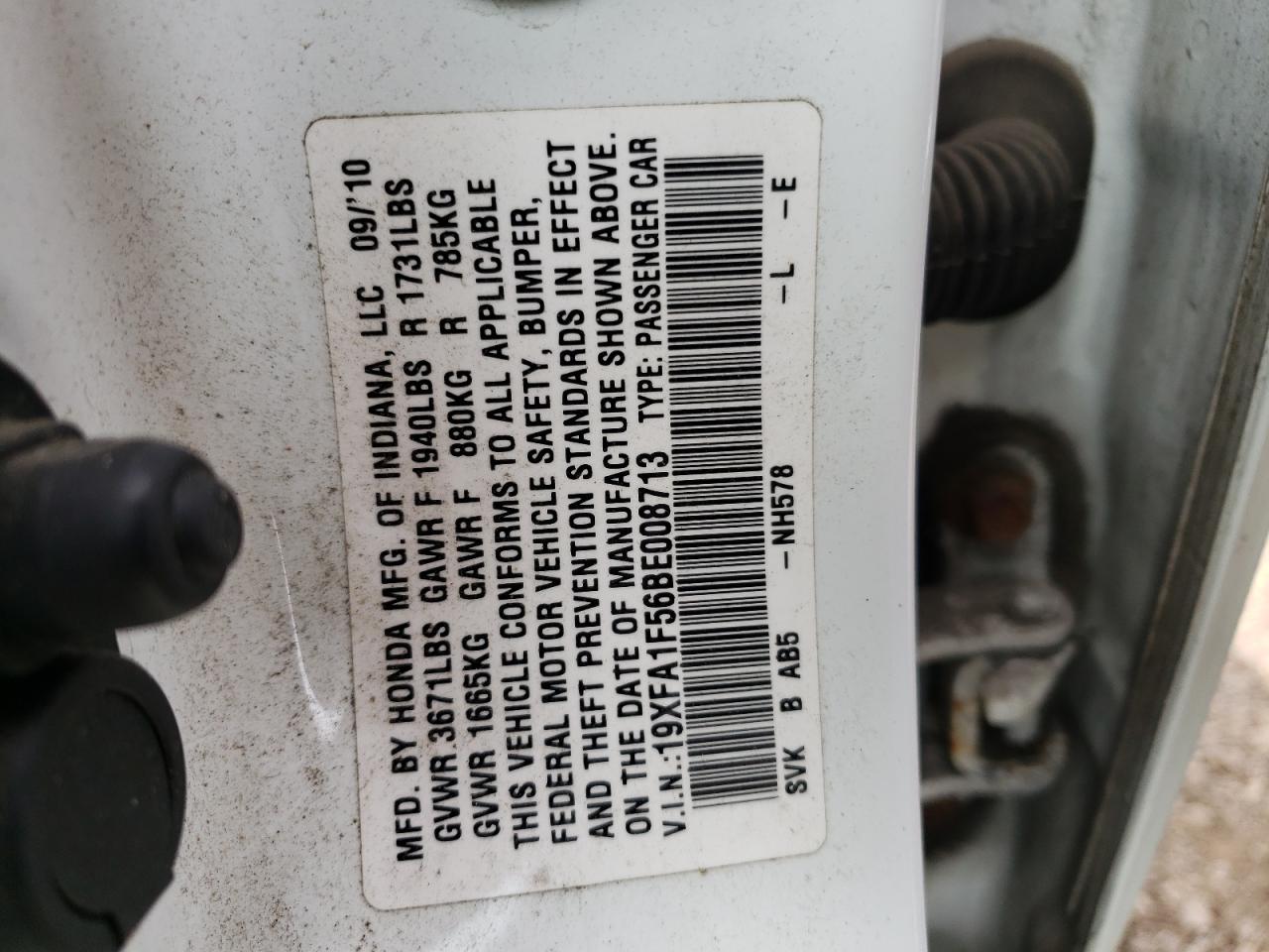 Photo 10 from auction – 2011 HONDA CIVIC LX with VIN 19XFA1F56BE008713