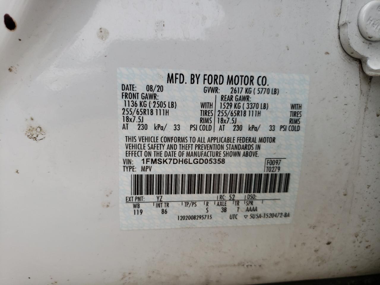 Photo 10 from auction – 2020 FORD EXPLORER X with VIN 1FMSK7DH6LGD05358