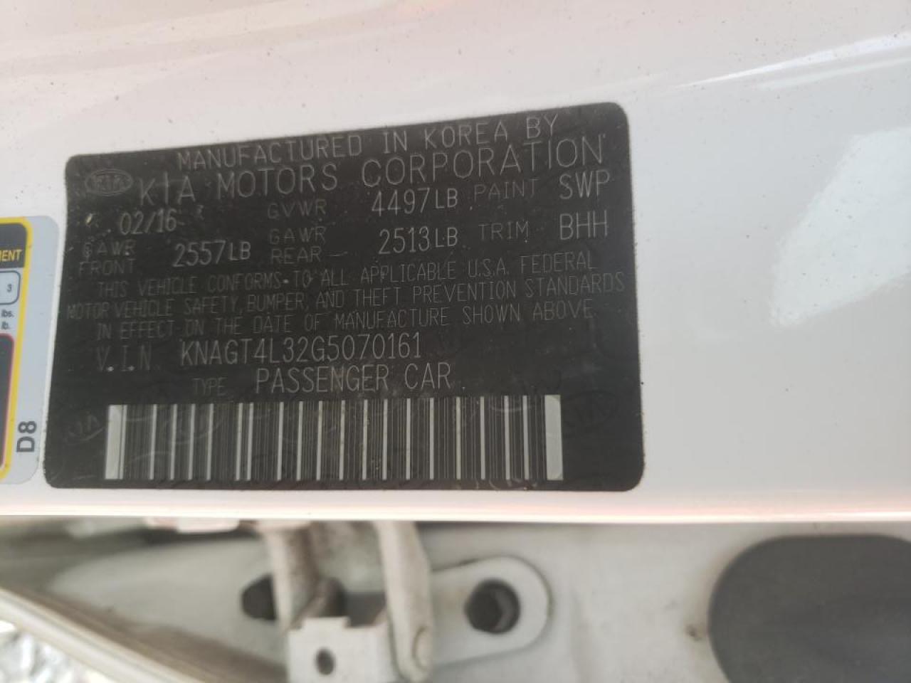 Photo 10 from auction – 2016 KIA OPTIMA LX with VIN KNAGT4L32G5070161