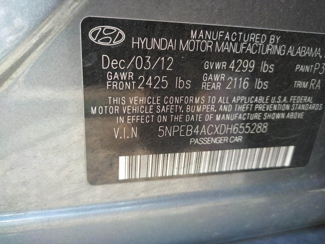 Photo 10 from auction – 2013 HYUNDAI SONATA GLS with VIN 5NPEB4ACXDH655288