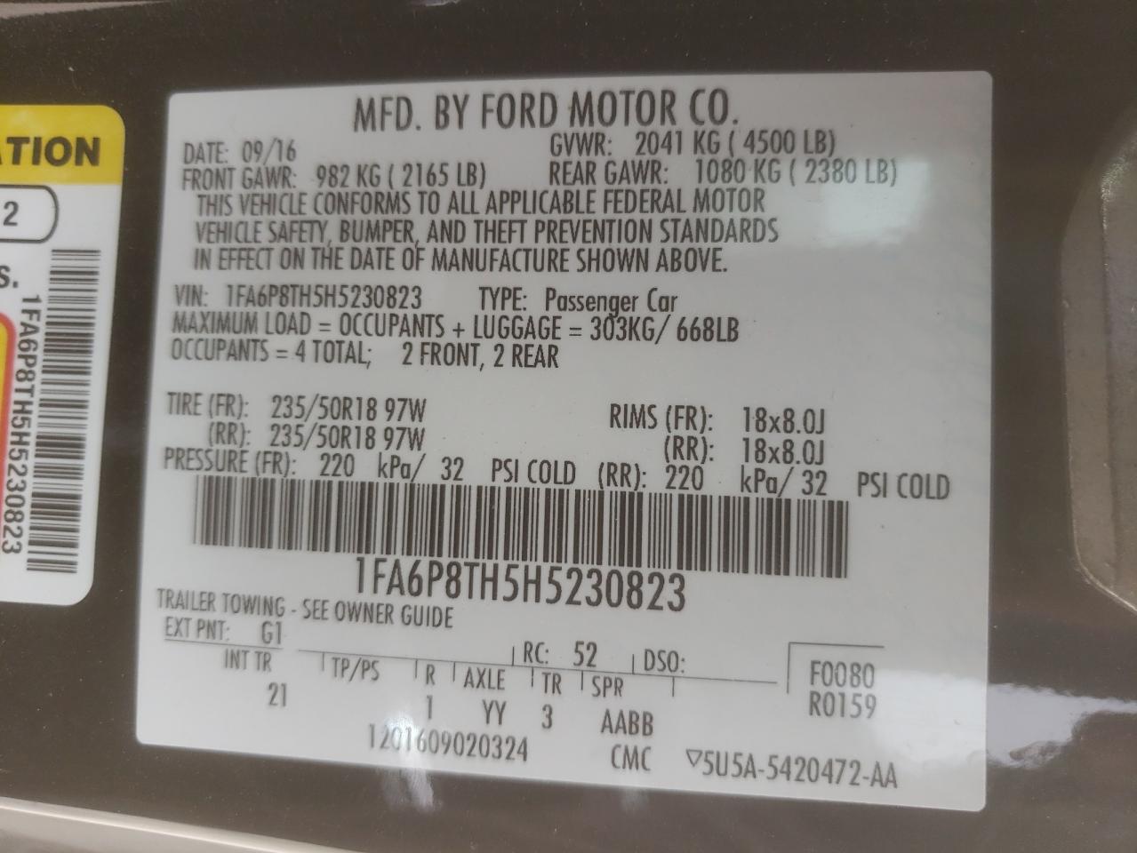 Photo 10 from auction – 2017 FORD MUSTANG with VIN 1FA6P8TH5H5230823