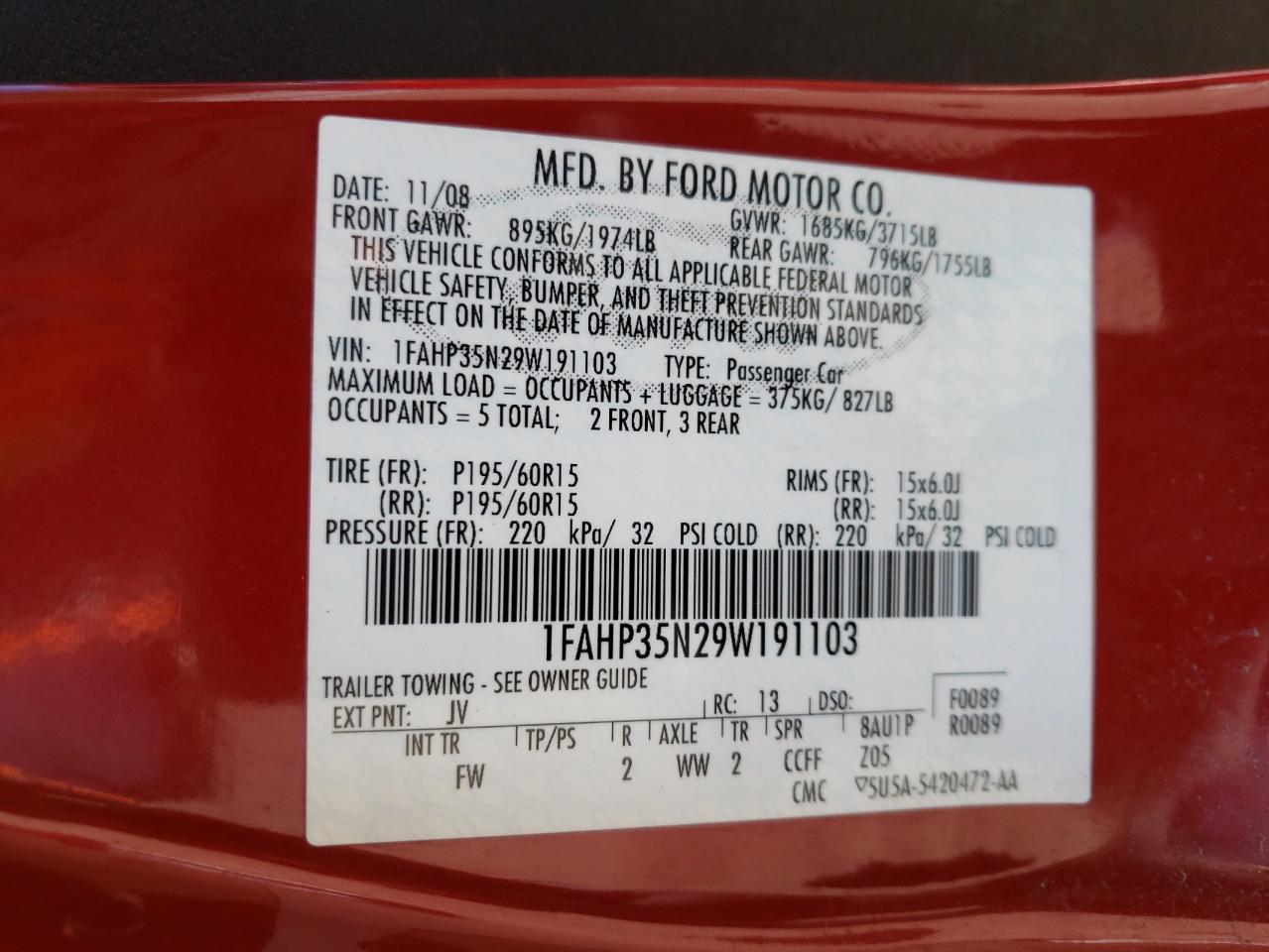 Photo 10 from auction – 2009 FORD FOCUS with VIN 1FAHP35N29W191103