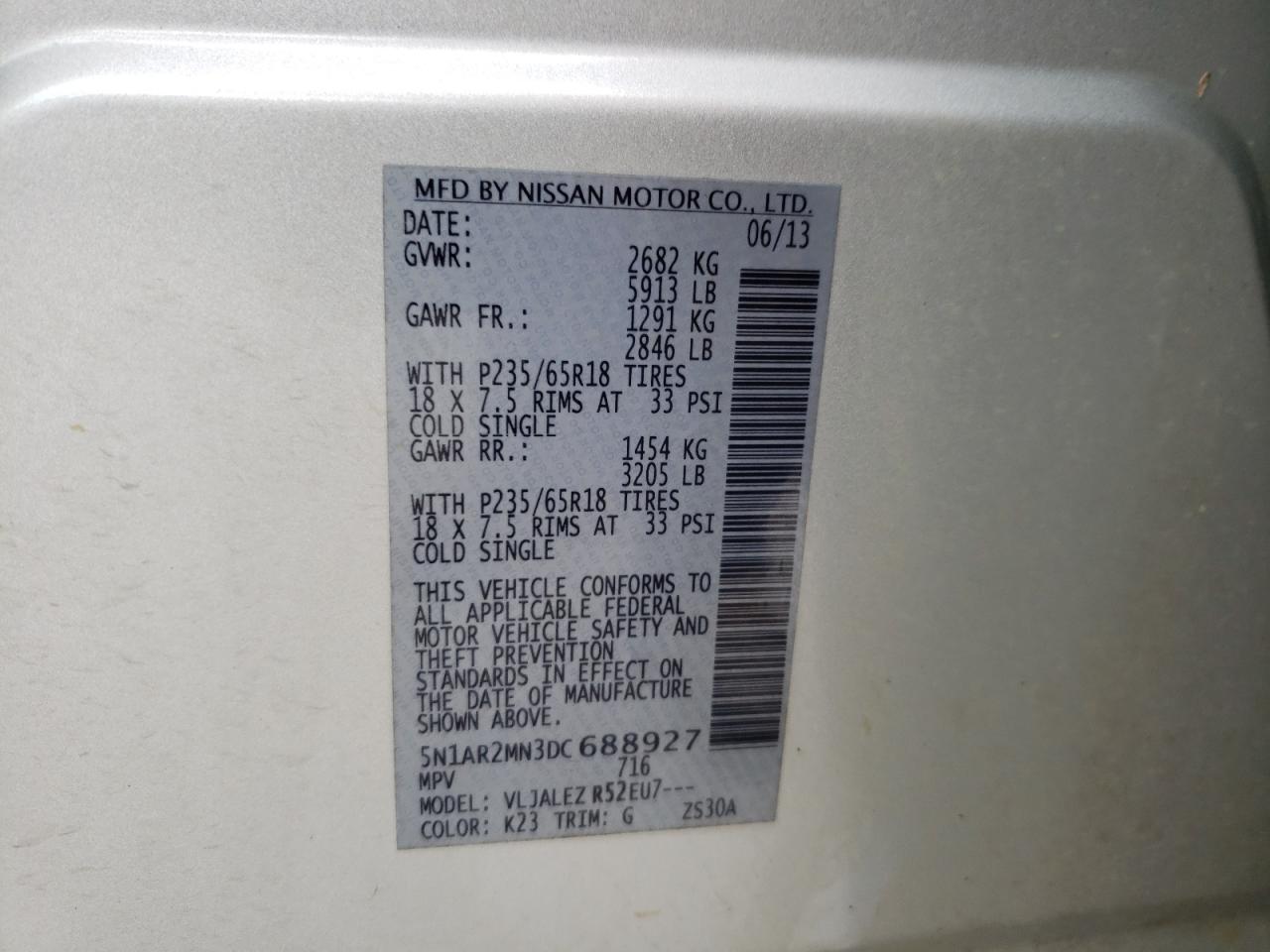 Photo 10 from auction – 2013 NISSAN PATHFINDER with VIN 5N1AR2MN3DC688927