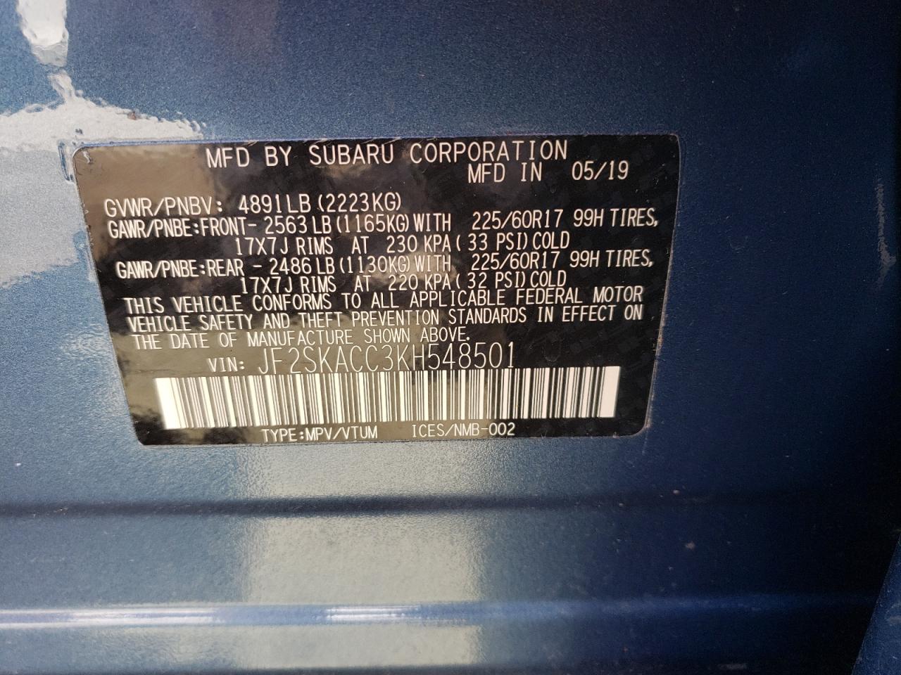 Photo 10 from auction – 2019 SUBARU FORESTER with VIN JF2SKACC3KH548501