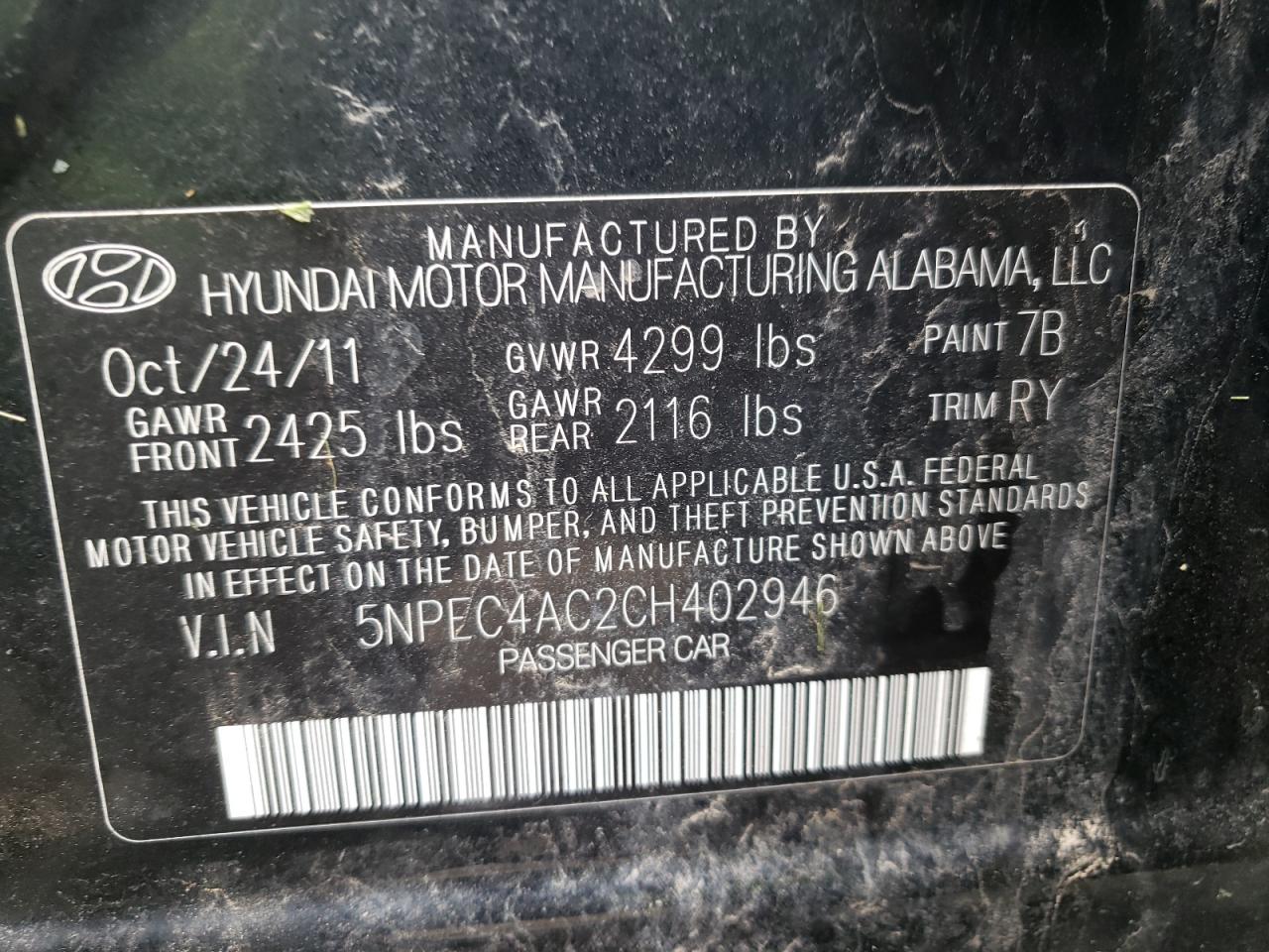 Photo 10 from auction – 2012 HYUNDAI SONATA SE with VIN 5NPEC4AC2CH402946