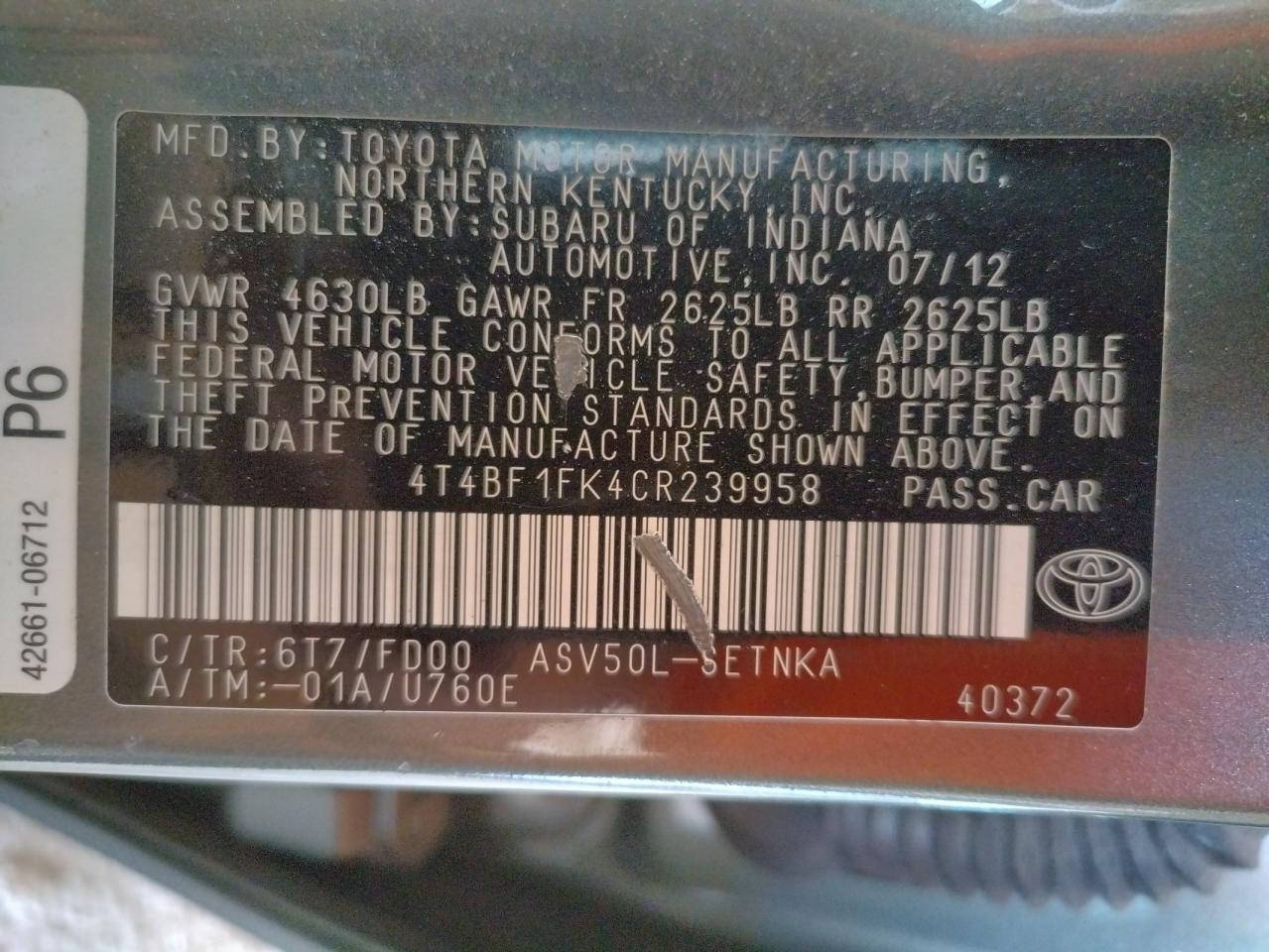 Photo 10 from auction – 2012 TOYOTA CAMRY BASE with VIN 4T4BF1FK4CR239958