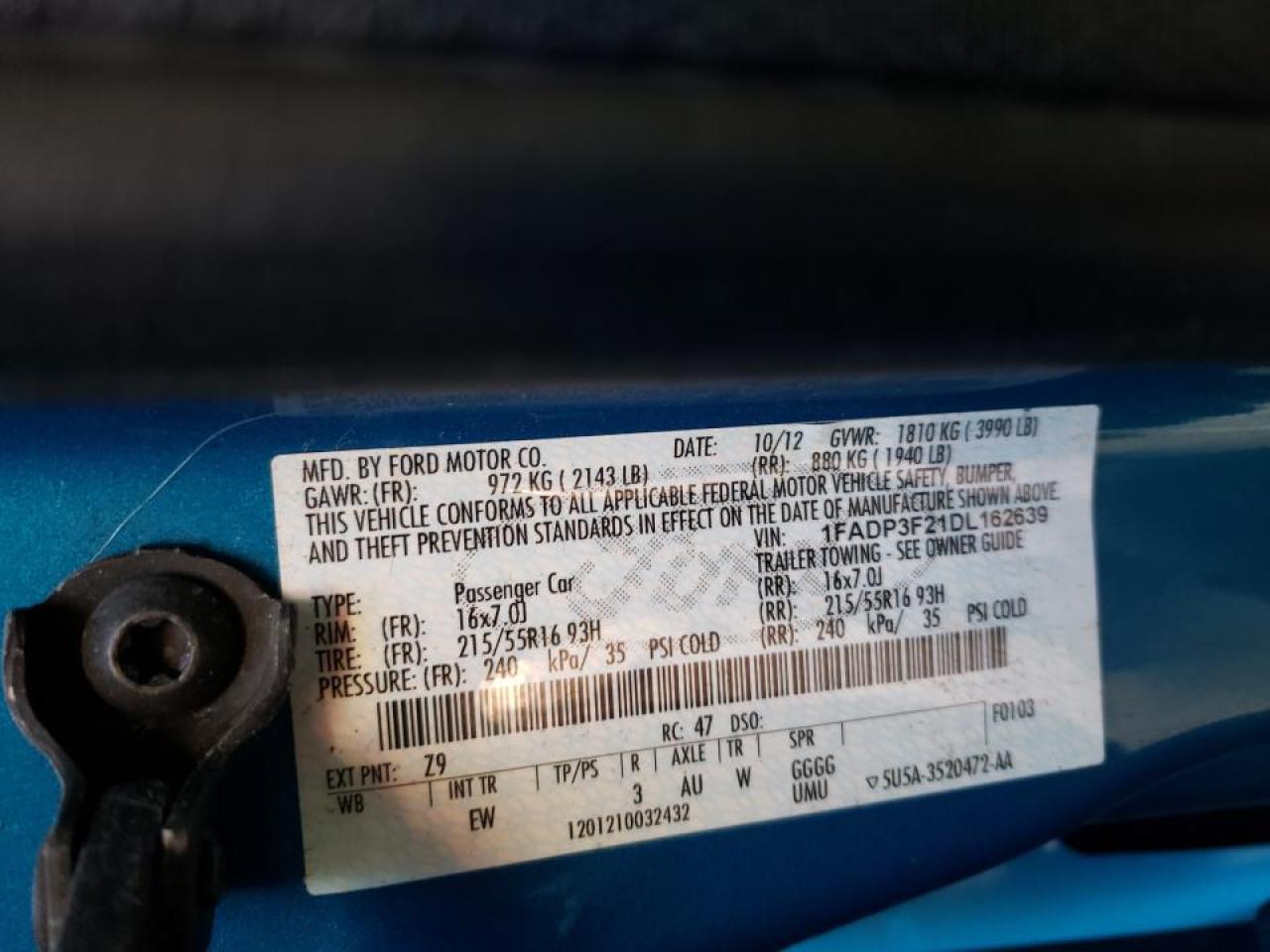 Photo 10 from auction – 2013 FORD FOCUS SE with VIN 1FADP3F21DL162639