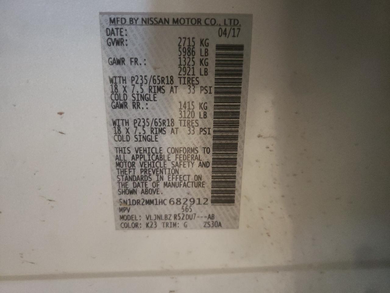 Photo 10 from auction – 2017 NISSAN PATHFINDER with VIN 5N1DR2MM1HC682912