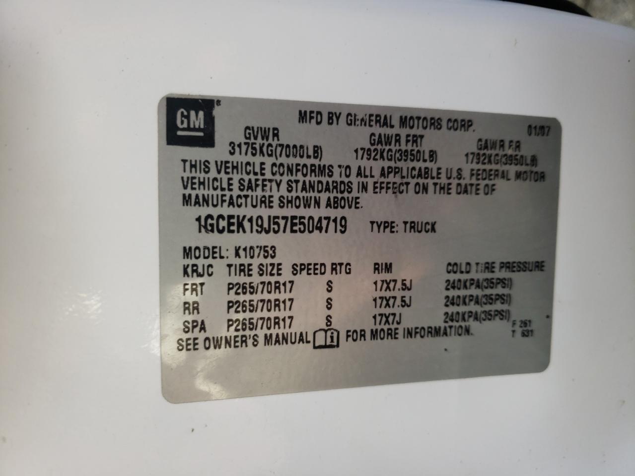 Photo 10 from auction – 2007 CHEVROLET SILVERADO with VIN 1GCEK19J57E504719