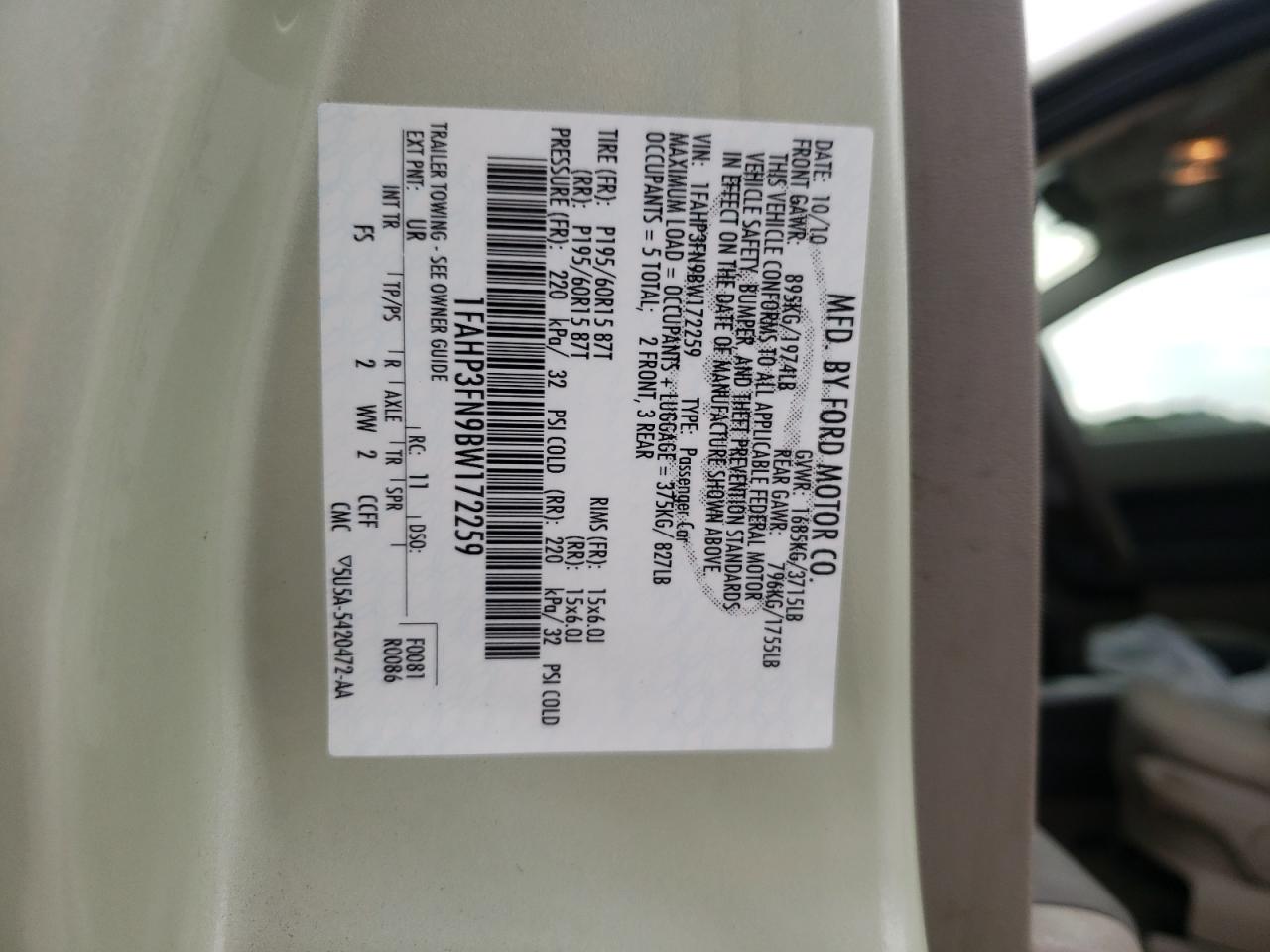 Photo 10 from auction – 2011 FORD FOCUS SE with VIN 1FAHP3FN9BW172259
