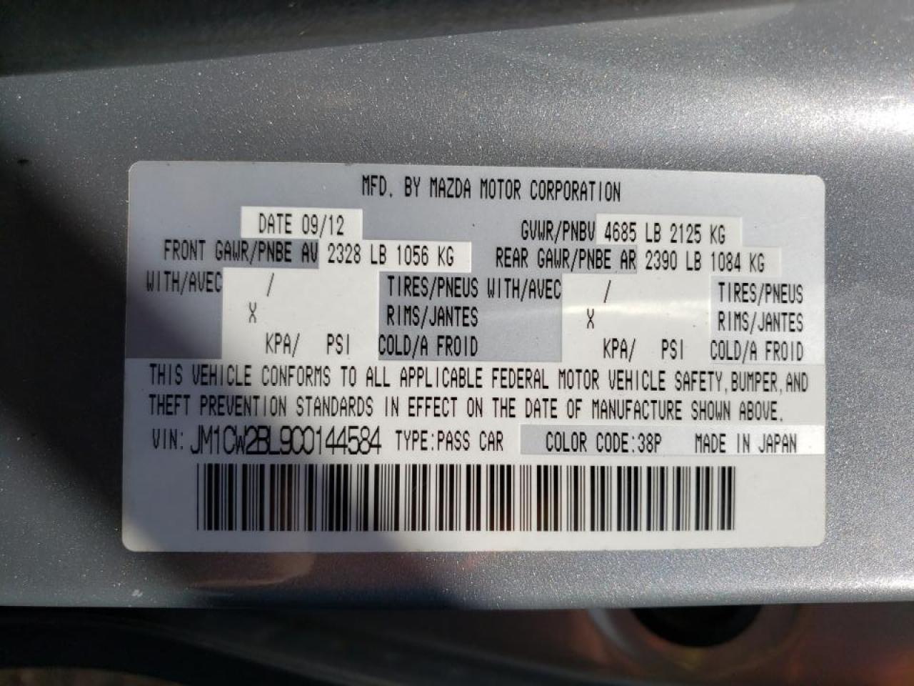 Photo 10 from auction – 2012 MAZDA 5 with VIN JM1CW2BL9C0144584
