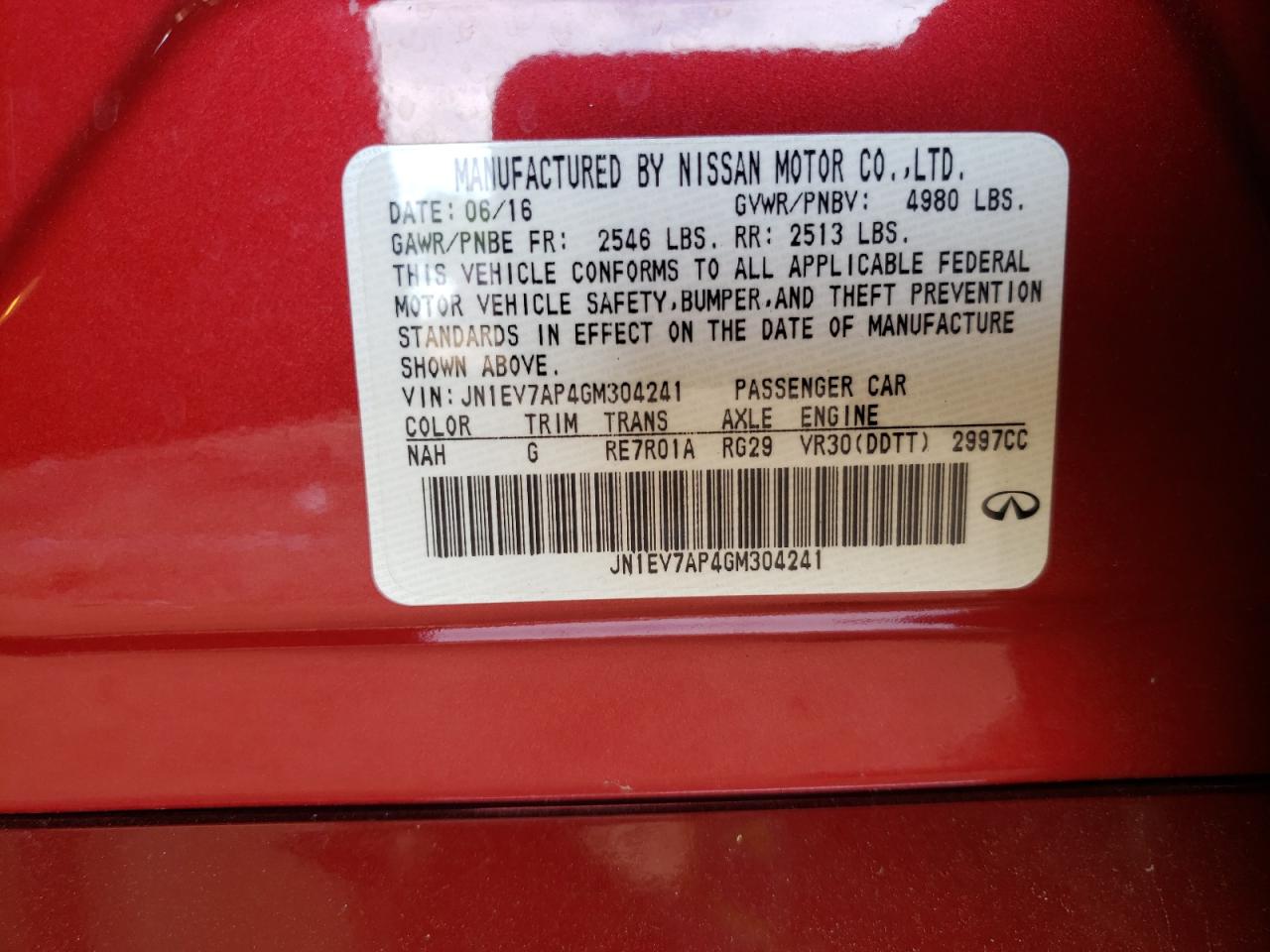 Photo 10 from auction – 2016 INFINITI Q50 PREMIU with VIN JN1EV7AP4GM304241