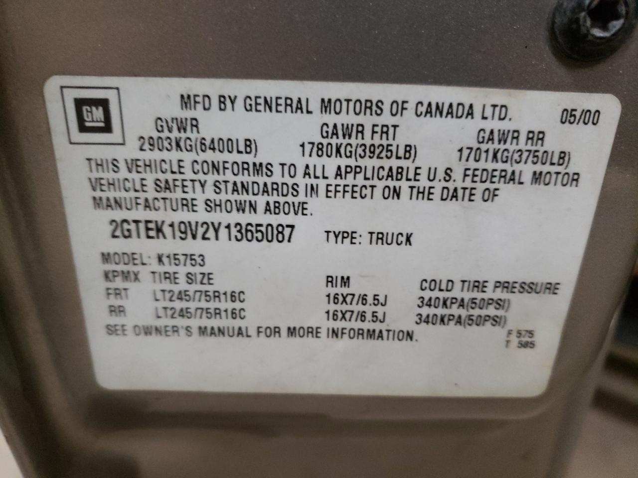 Photo 10 from auction – 2000 GMC NEW SIERRA with VIN 2GTEK19V2Y1365087