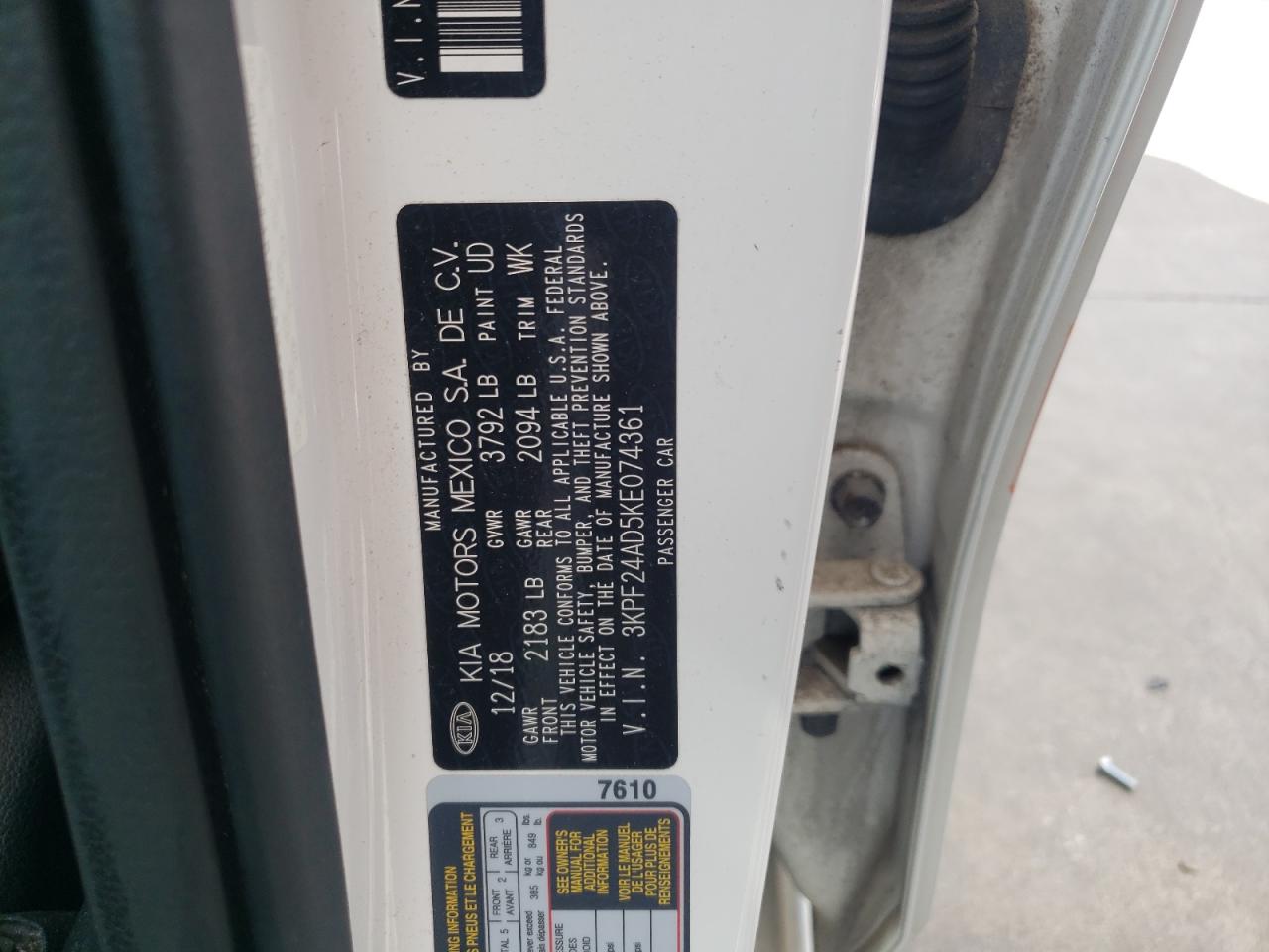 Photo 10 from auction – 2019 KIA FORTE FE with VIN 3KPF24AD5KE074361