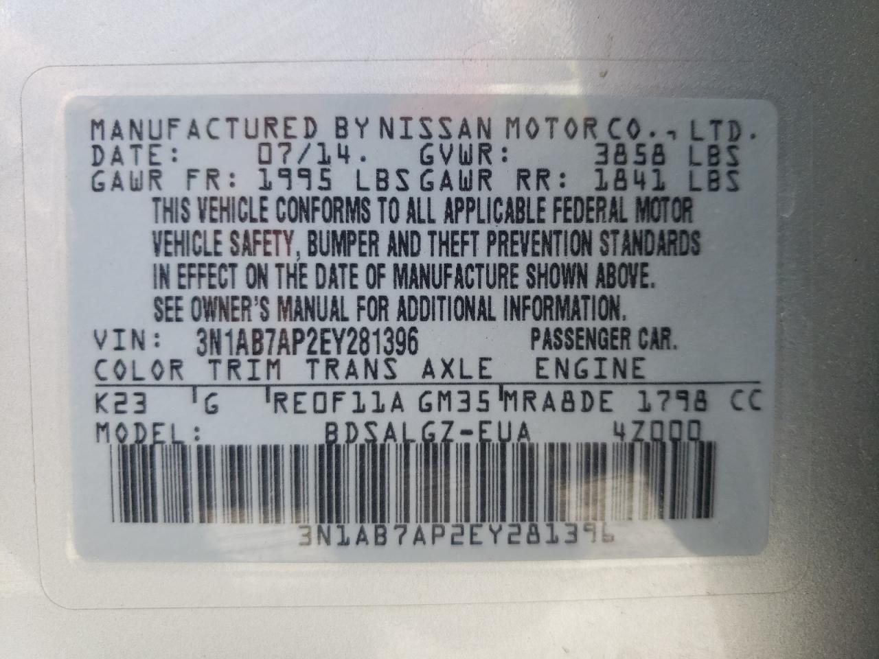 Photo 10 from auction – 2014 NISSAN SENTRA S with VIN 3N1AB7AP2EY281396