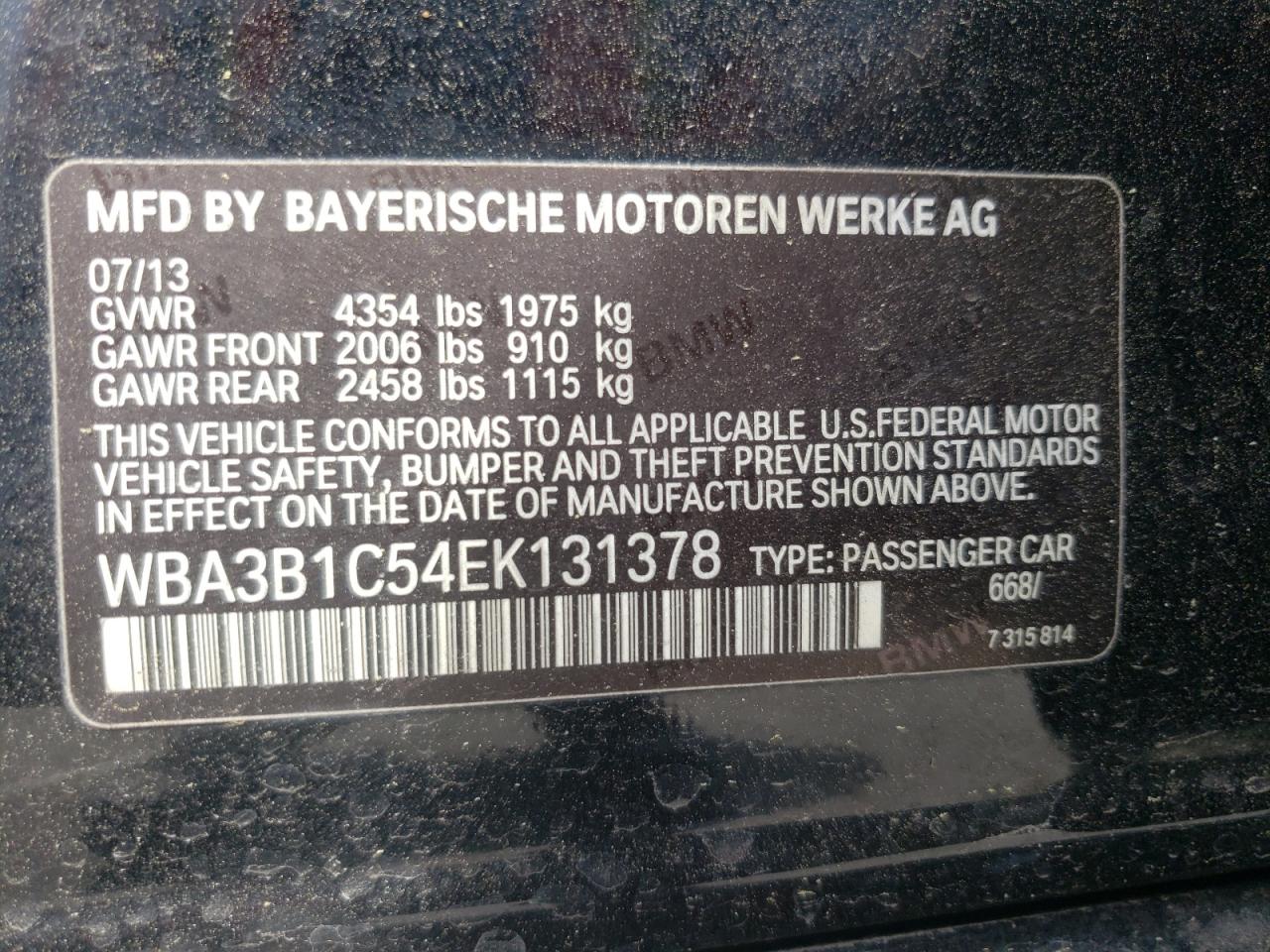 Photo 10 from auction – 2014 BMW 320 I with VIN WBA3B1C54EK131378