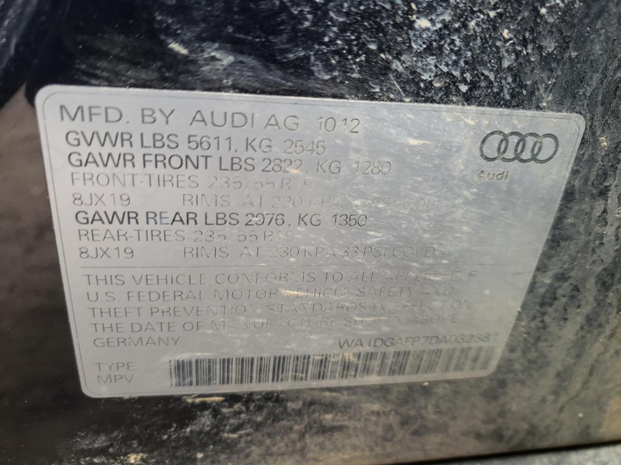 Photo 10 from auction – 2013 AUDI Q5 PREMIUM with VIN WA1DGAFP7DA032381