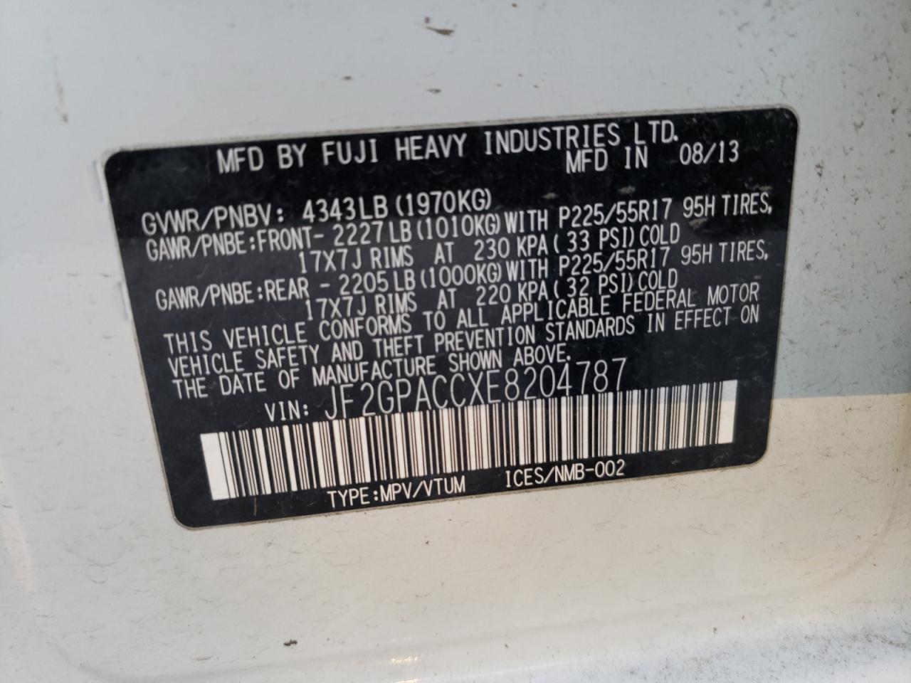 Photo 10 from auction – 2014 SUBARU XV CROSSTR with VIN JF2GPACCXE8204787