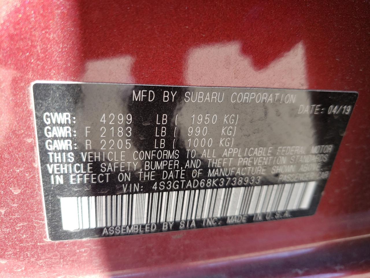 Photo 10 from auction – 2019 SUBARU IMPREZA PR with VIN 4S3GTAD68K3738933