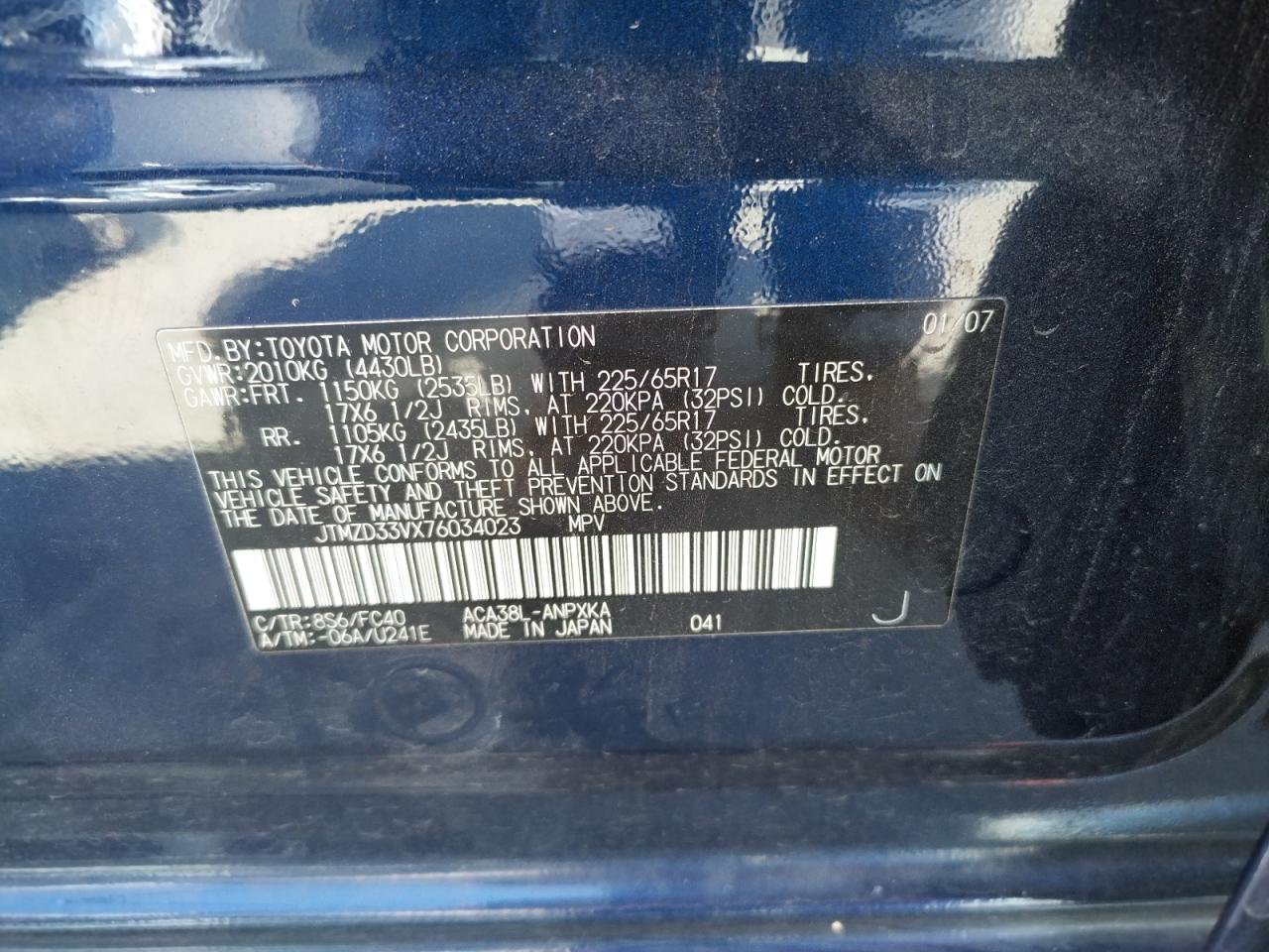 Photo 10 from auction – 2007 TOYOTA RAV4 with VIN JTMZD33VX76034023