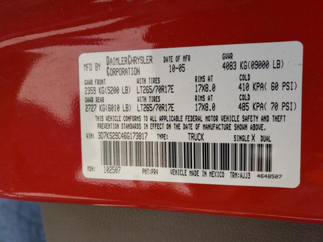 Zdjęcie 10 z aukcji – 2006 DODGE RAM 2500 z VIN 3D7KS29C46G173817