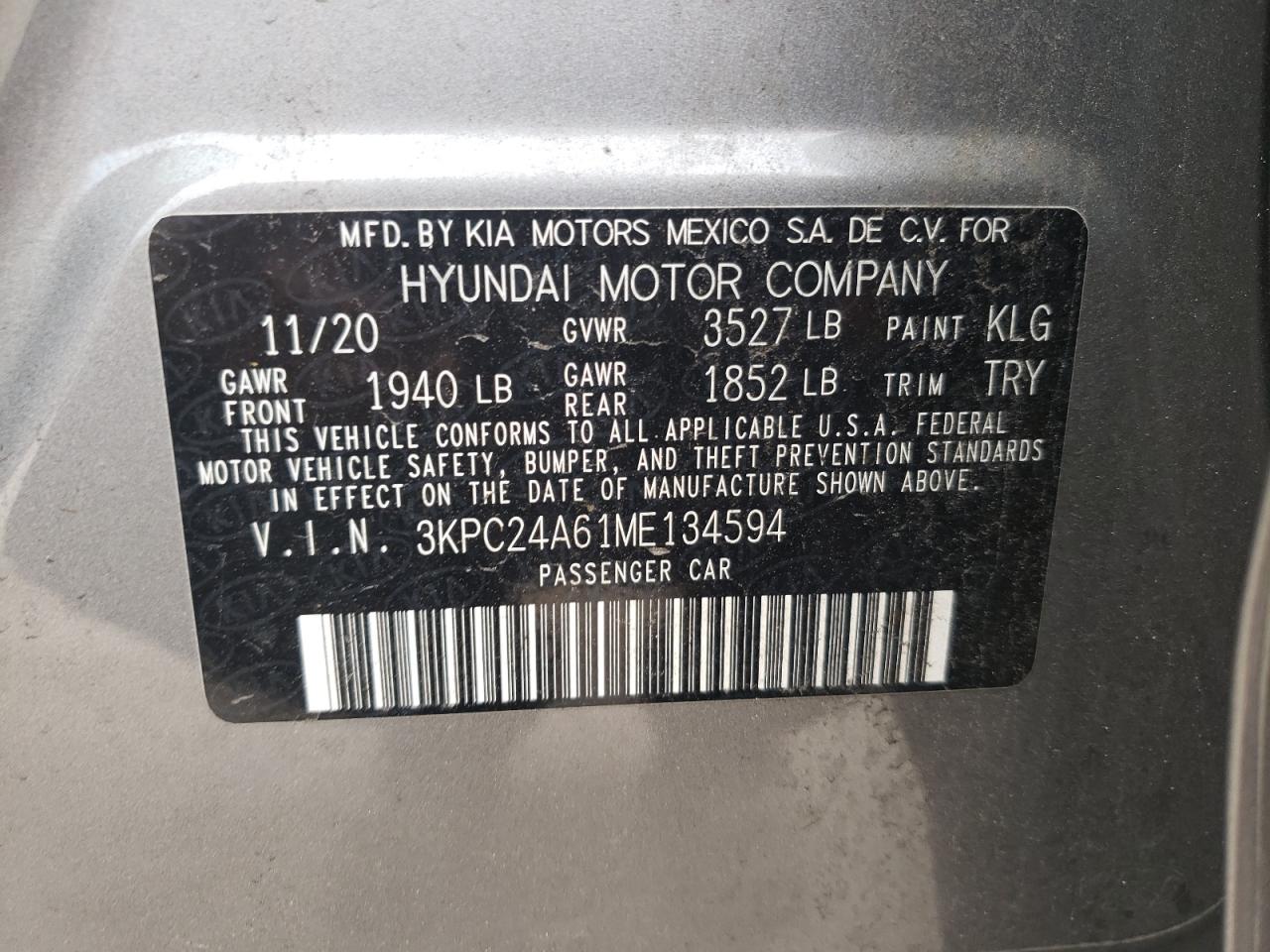Photo 10 from auction – 2021 HYUNDAI ACCENT SE with VIN 3KPC24A61ME134594
