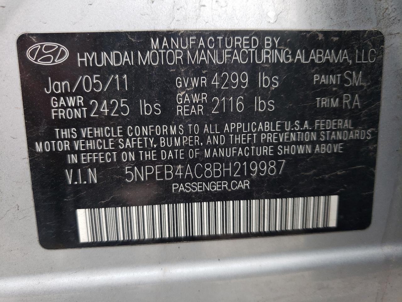 Photo 10 from auction – 2011 HYUNDAI SONATA GLS with VIN 5NPEB4AC8BH219987