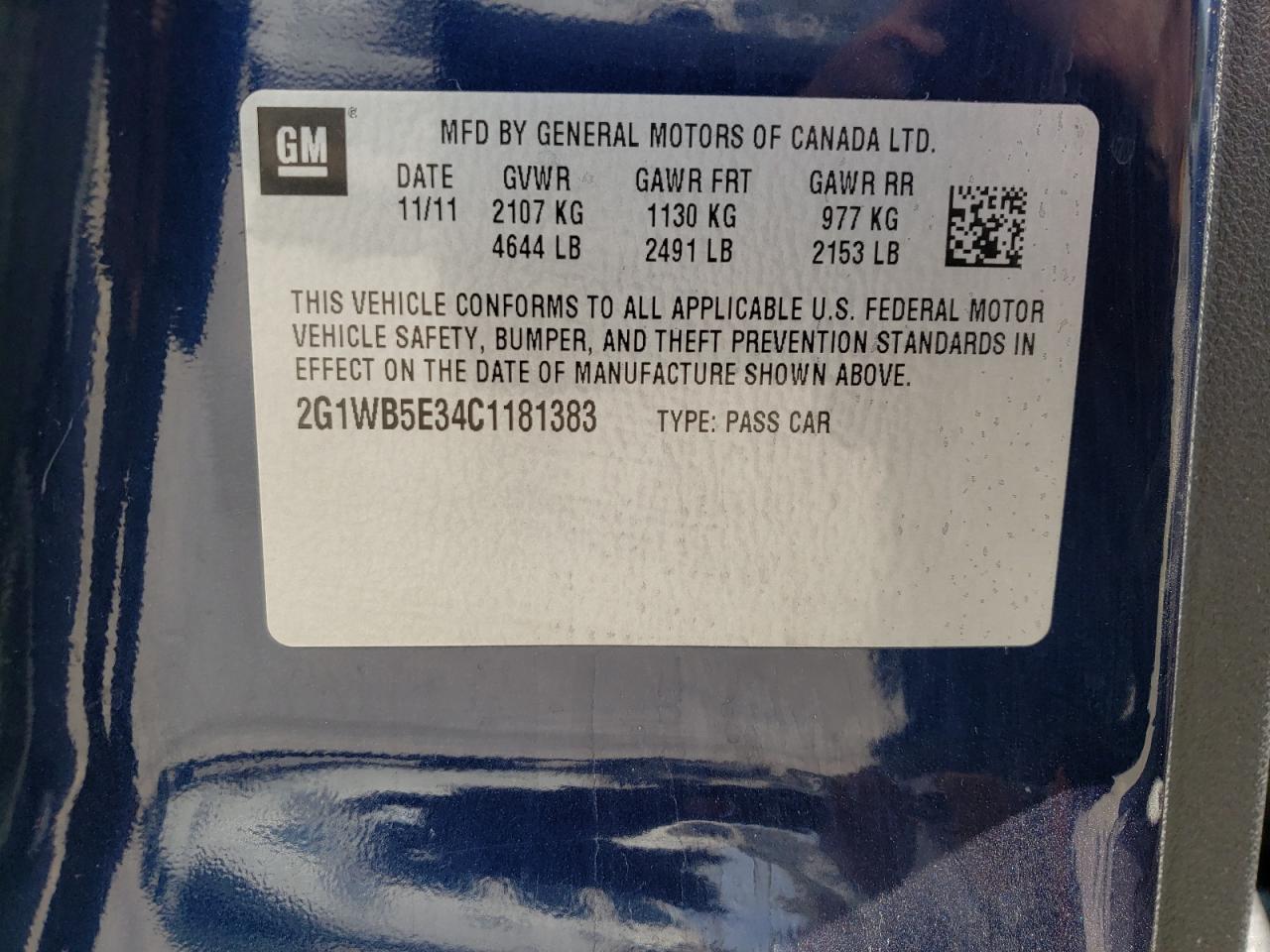Photo 10 from auction – 2012 CHEVROLET IMPALA LT with VIN 2G1WB5E34C1181383
