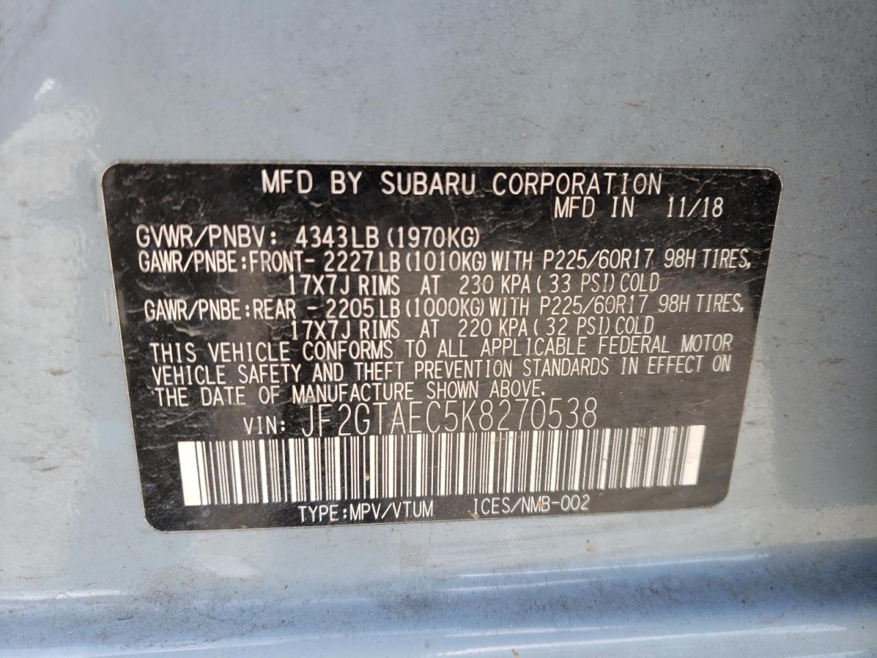 Photo 10 from auction – 2019 SUBARU CROSSTREK with VIN JF2GTAEC5K8270538