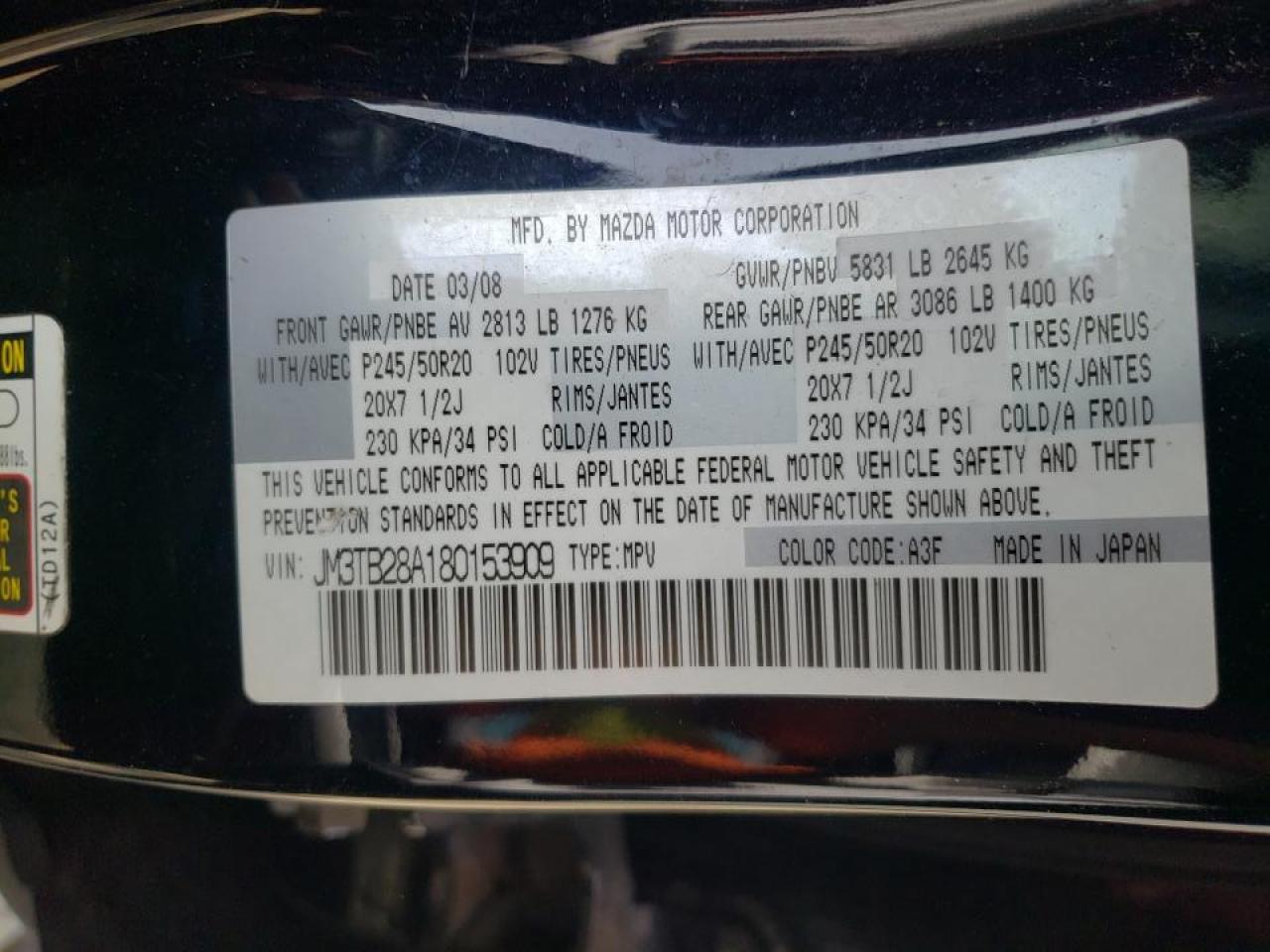 Photo 10 from auction – 2008 MAZDA CX-9 with VIN JM3TB28A180153909