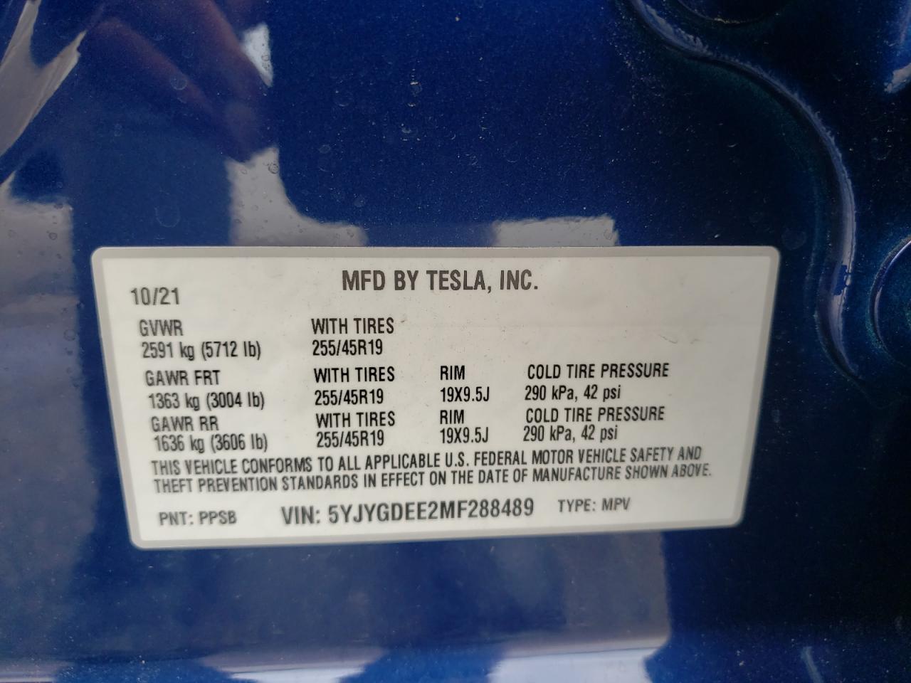 Photo 10 from auction – 2021 TESLA MODEL Y with VIN 5YJYGDEE2MF288489