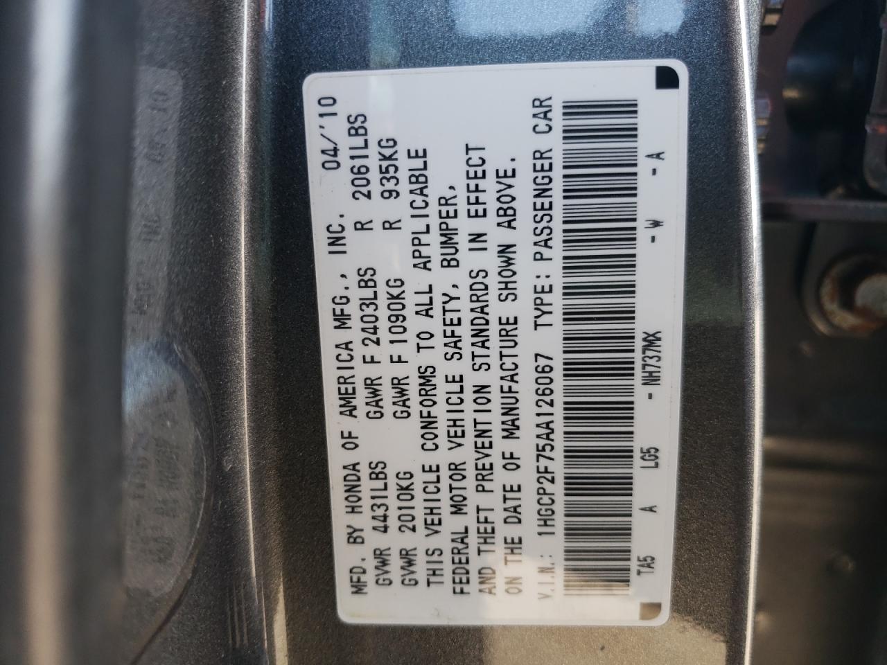 Photo 10 from auction – 2010 HONDA ACCORD EX with VIN 1HGCP2F75AA126067