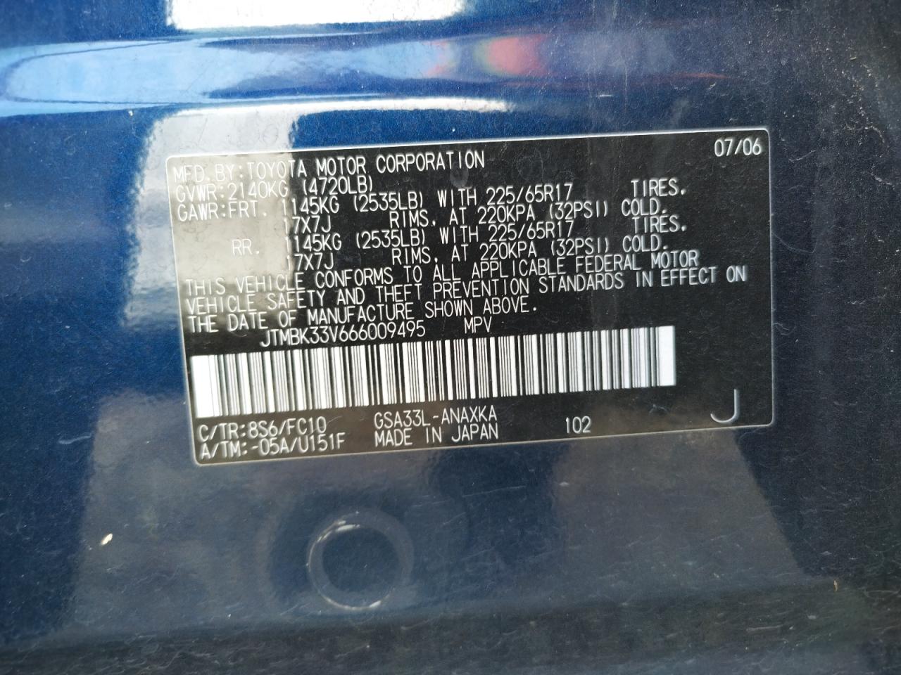 Photo 10 from auction – 2006 TOYOTA RAV4 with VIN JTMBK33V666009495