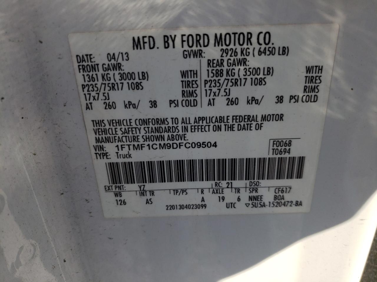 Photo 10 from auction – 2013 FORD F150 with VIN 1FTMF1CM9DFC09504