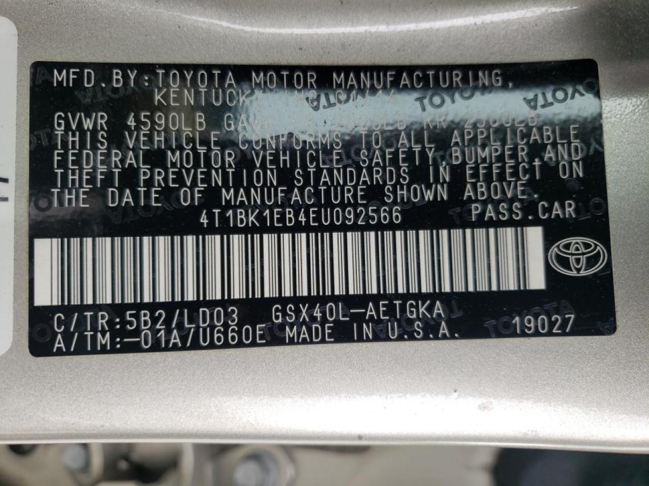 Photo 10 from auction – 2014 TOYOTA AVALON BAS with VIN 4T1BK1EB4EU092566