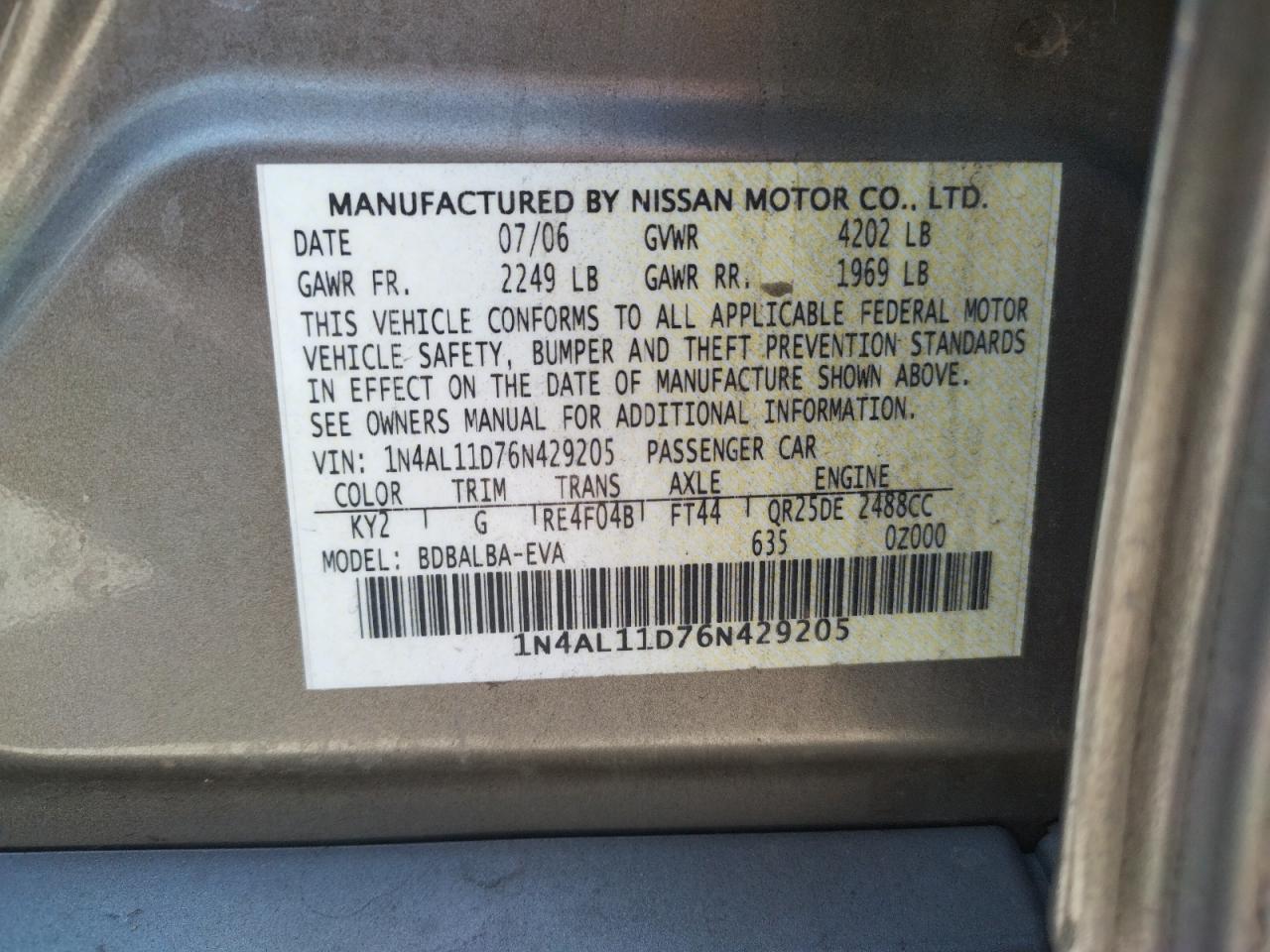 Photo 10 from auction – 2006 NISSAN ALTIMA S with VIN 1N4AL11D76N429205