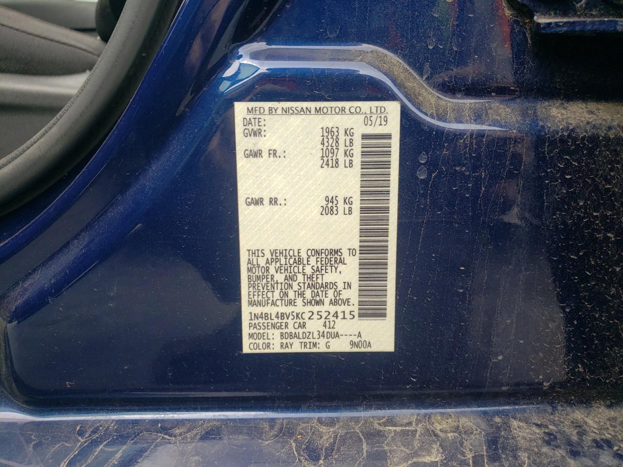 Photo 10 from auction – 2019 NISSAN ALTIMA S with VIN 1N4BL4BV5KC252415