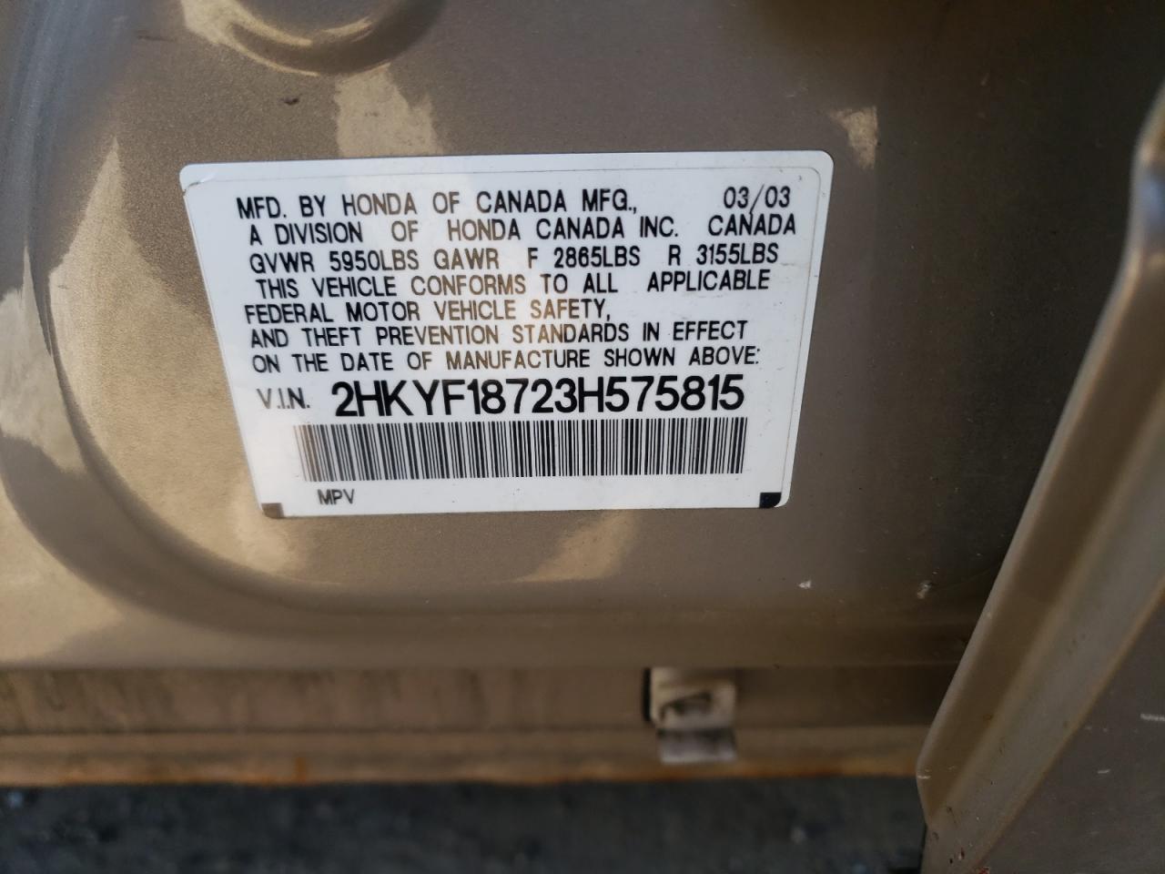 Photo 10 from auction – 2003 HONDA PILOT EXL with VIN 2HKYF18723H575815