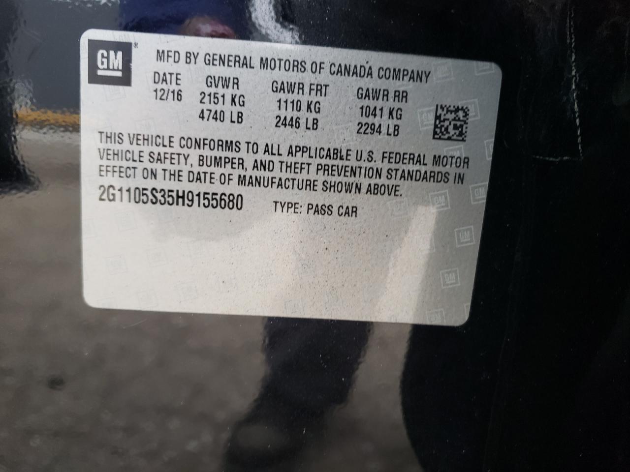 Photo 10 from auction – 2017 CHEVROLET IMPALA LT with VIN 2G1105S35H9155680